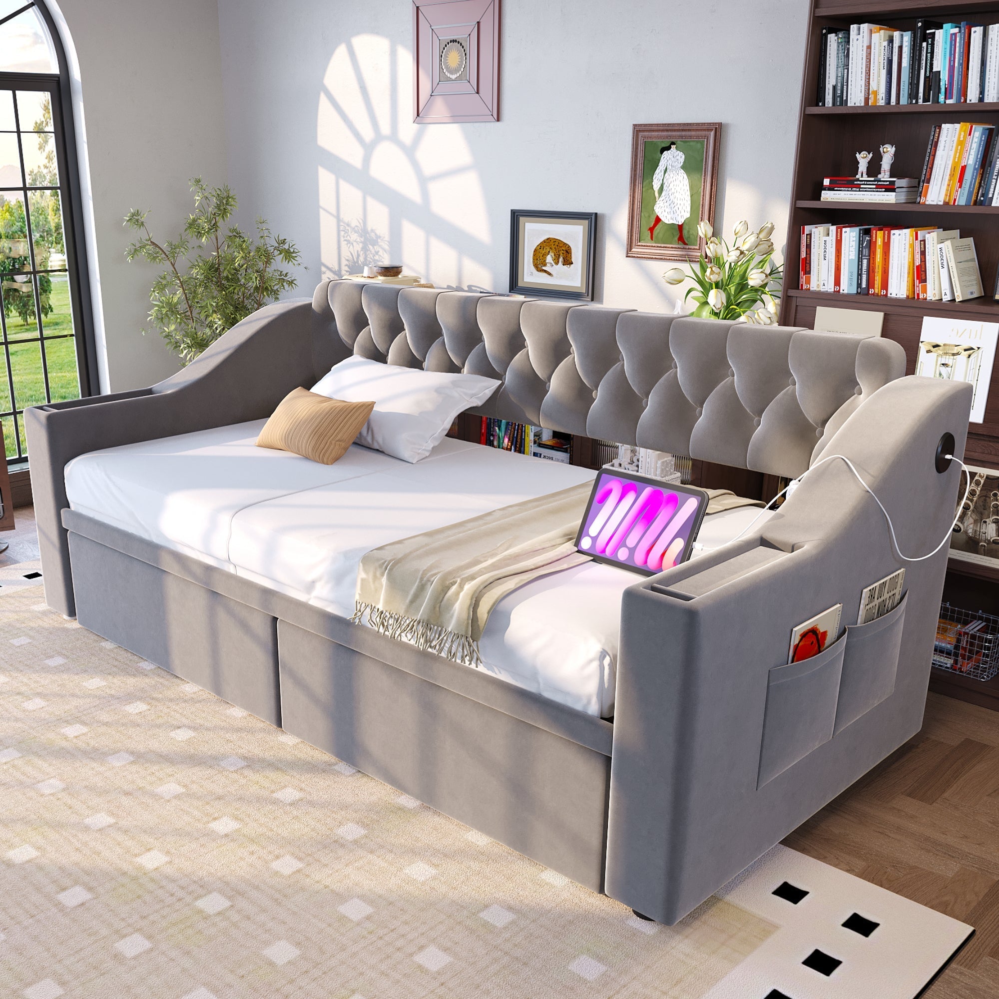 Upholstered Sofa Bed 90x190cm USB Charging Armrest Storage Drawer Light Grey Velvet