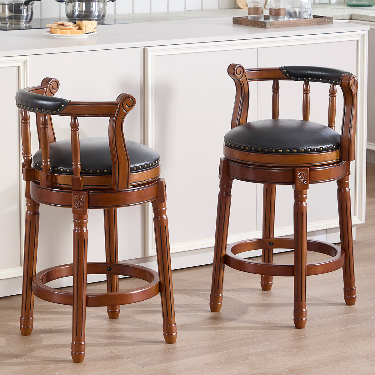 Cow Top Leather Bar Stools 360° Swivel with Backs Bar/Counter Height - Wooden/Leather