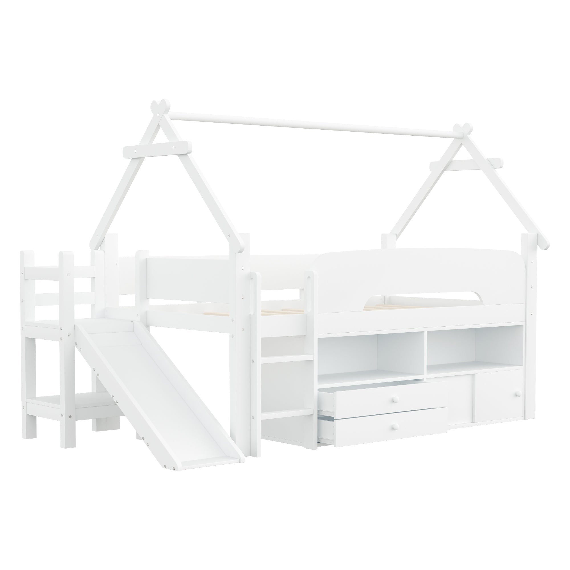 Children's Loft Bed with Roof Frame, Slide, and Storage, White Solid Wood