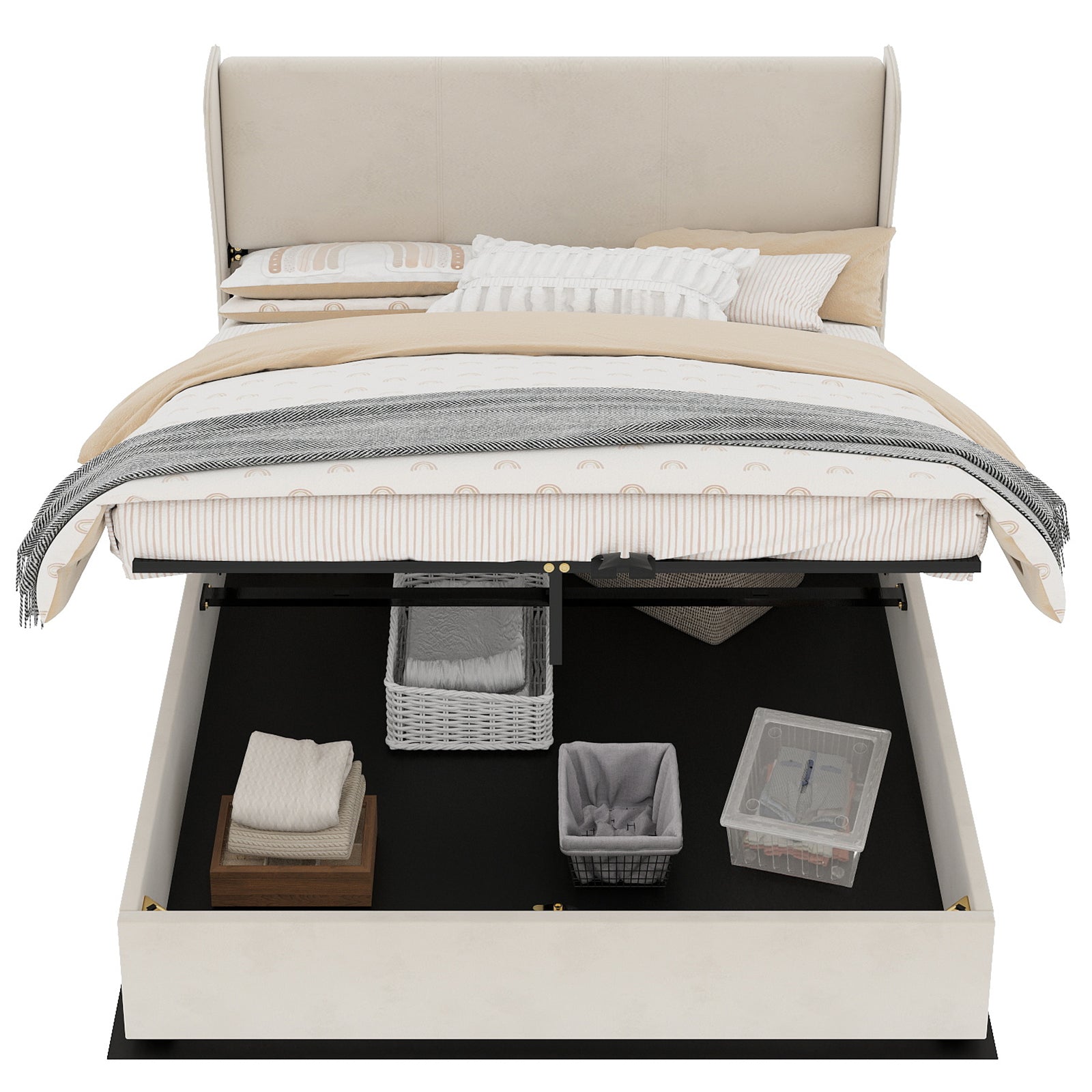 Upholstered Bed 160x200cm Gas Lift Storage Soft Headboard - Beige