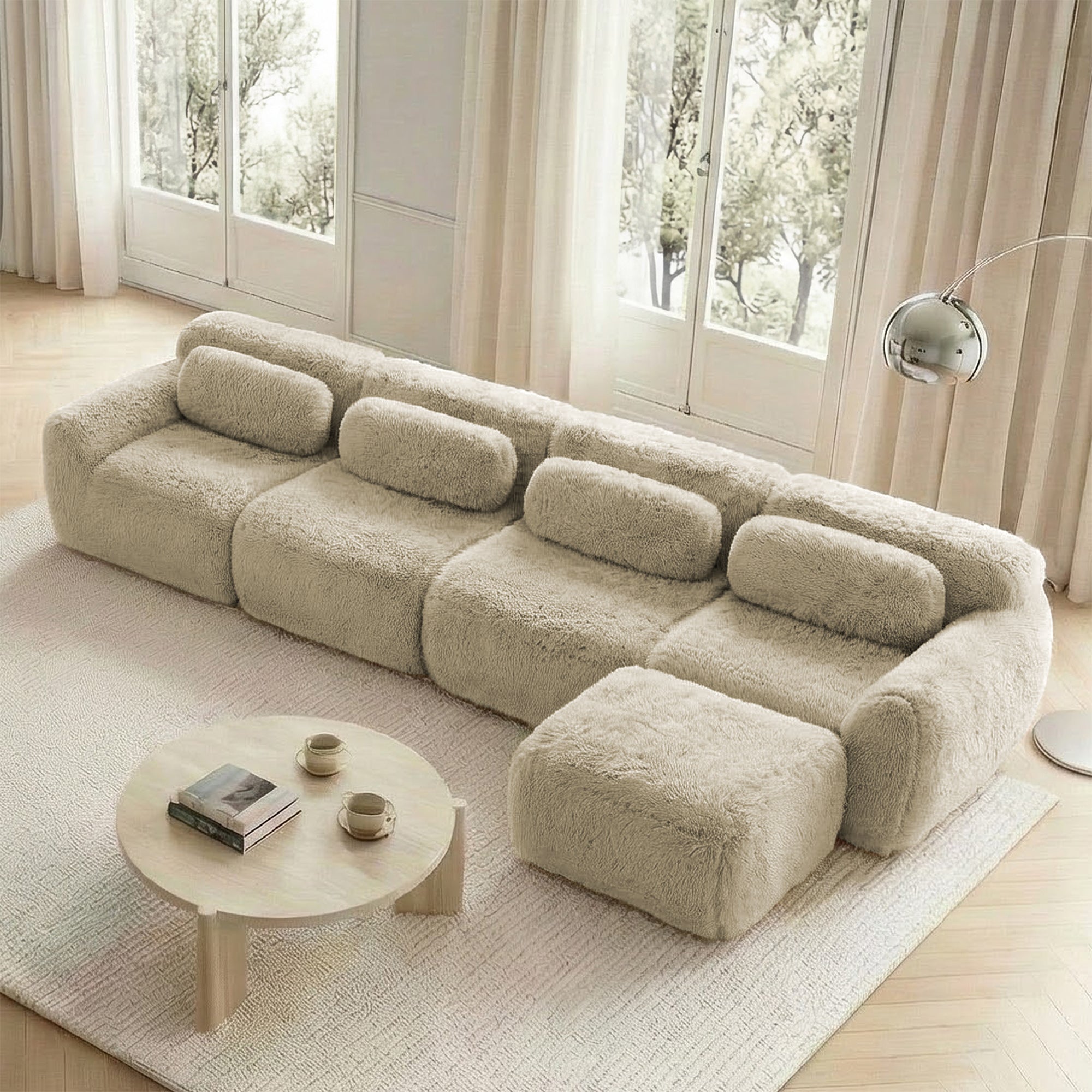 4-Seater L-Shaped Sofa Modular Chaise Plush Fabric - Light Khaki