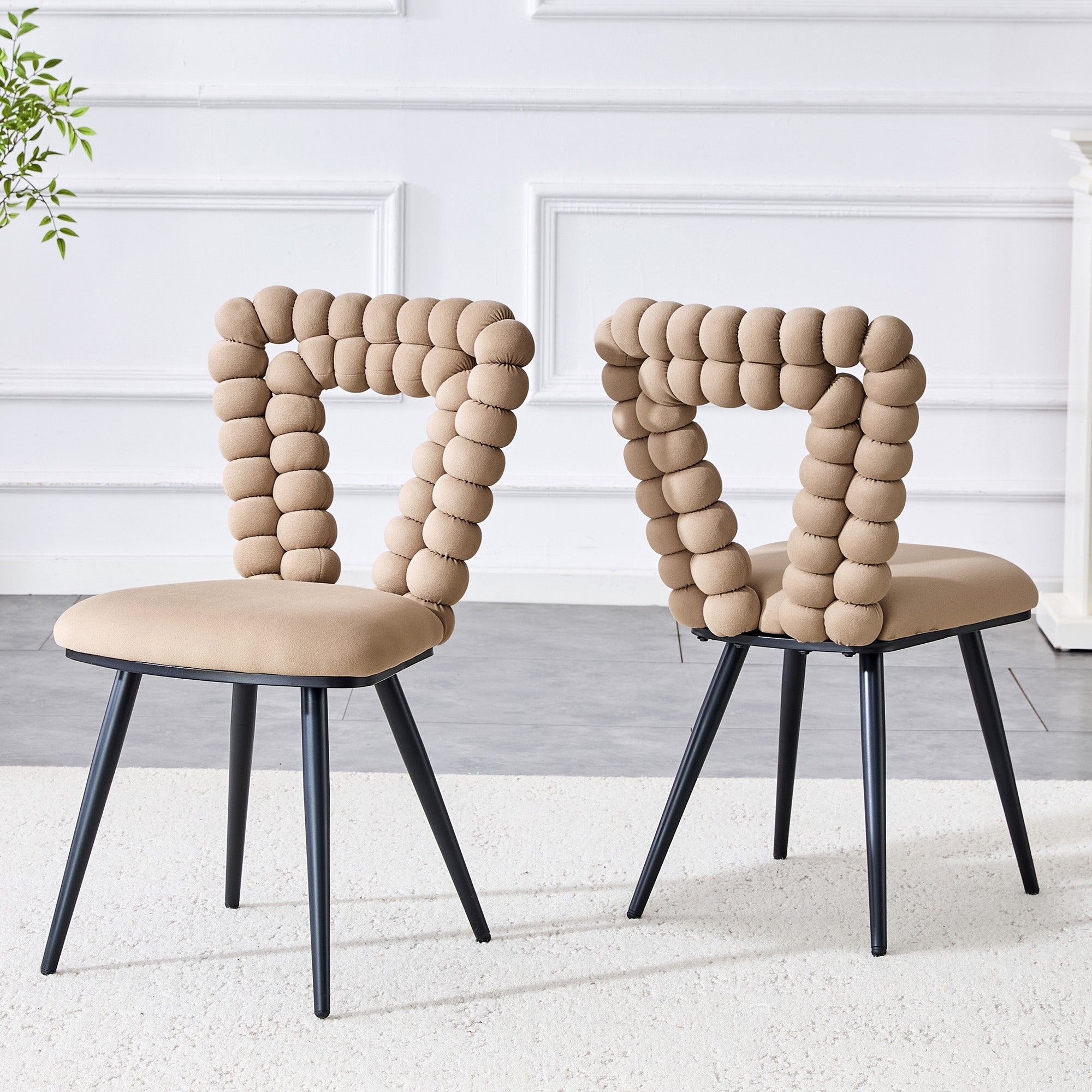 Dining Chairs Set of 2 with Triangular Cutout Backrest and Black Metal Legs Camel Velvet