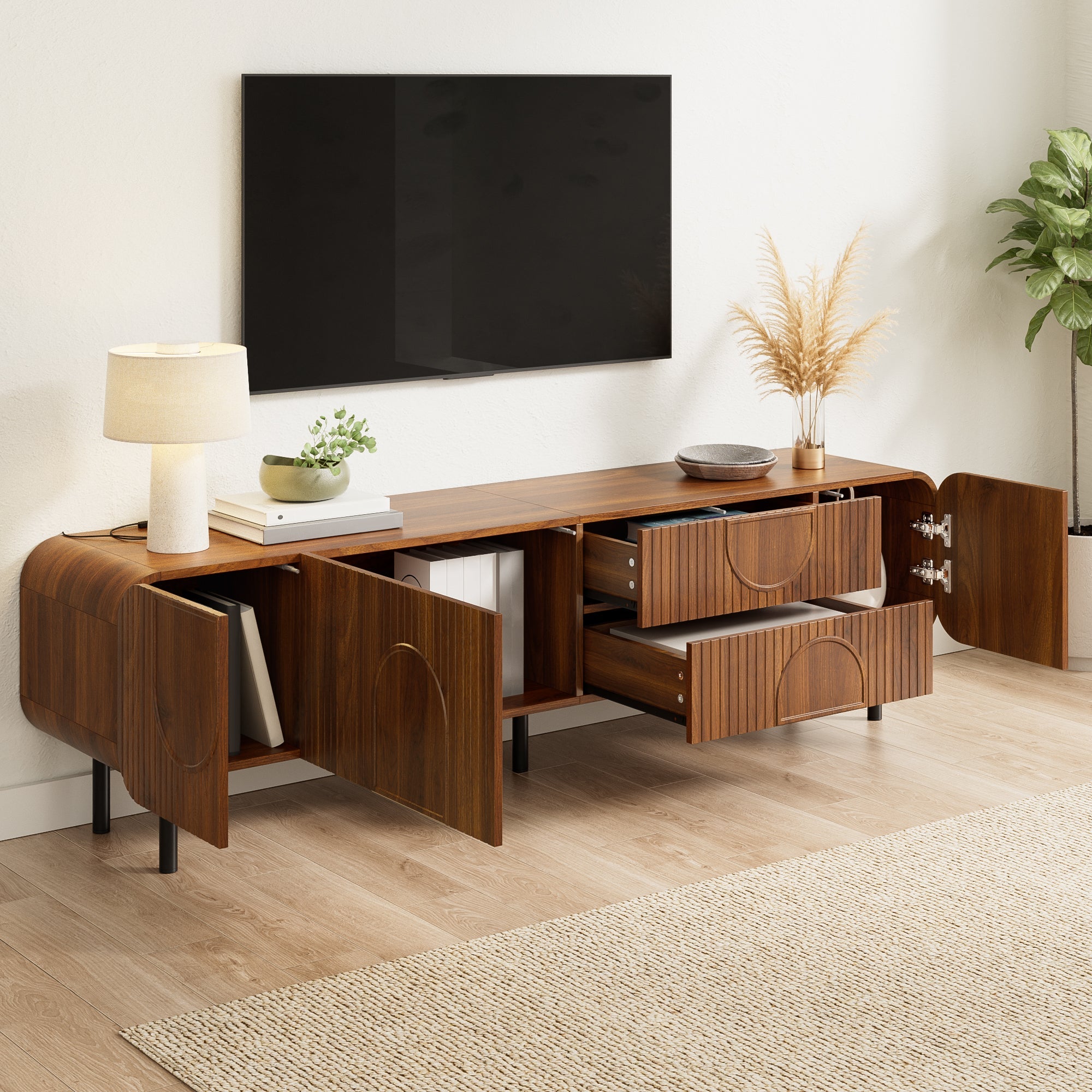 TV Cabinet with 3 Doors, 2 Drawers and Vertical Grooves, Mid-Century Style with Metal Legs