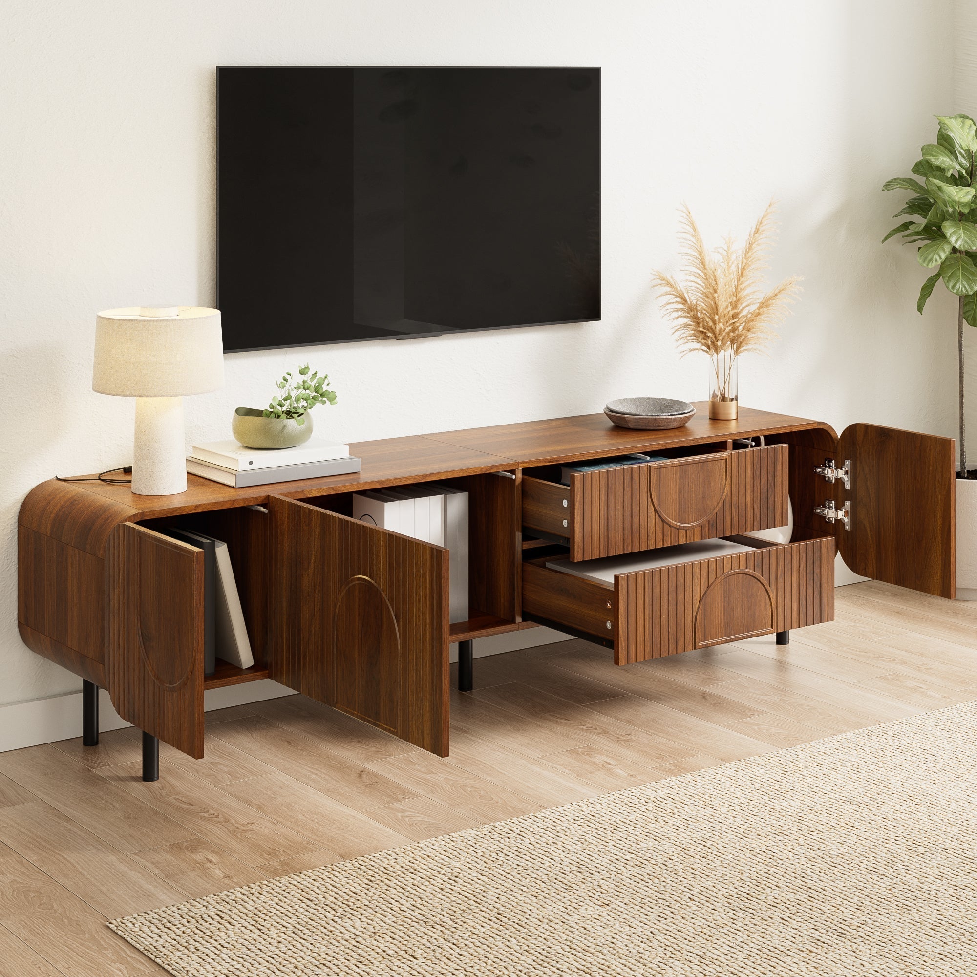 TV Cabinet with 3 Doors, 2 Drawers and Vertical Grooves, Mid-Century Style with Metal Legs