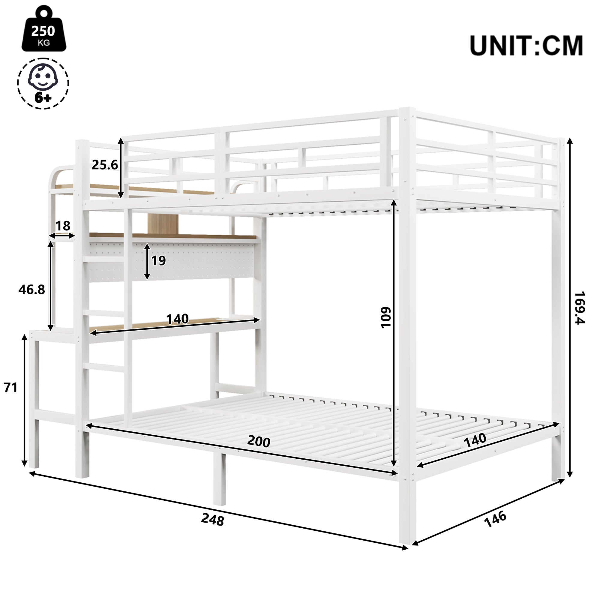 Bunk Bed 140x200cm Iron Frame Desk Storage LED Light USB White