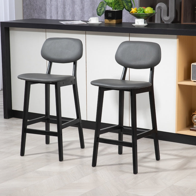 Bar Stools Set of 2, Upholstered with Backs, Footrests, and Solid Wood Legs, Dark Grey PU Leather