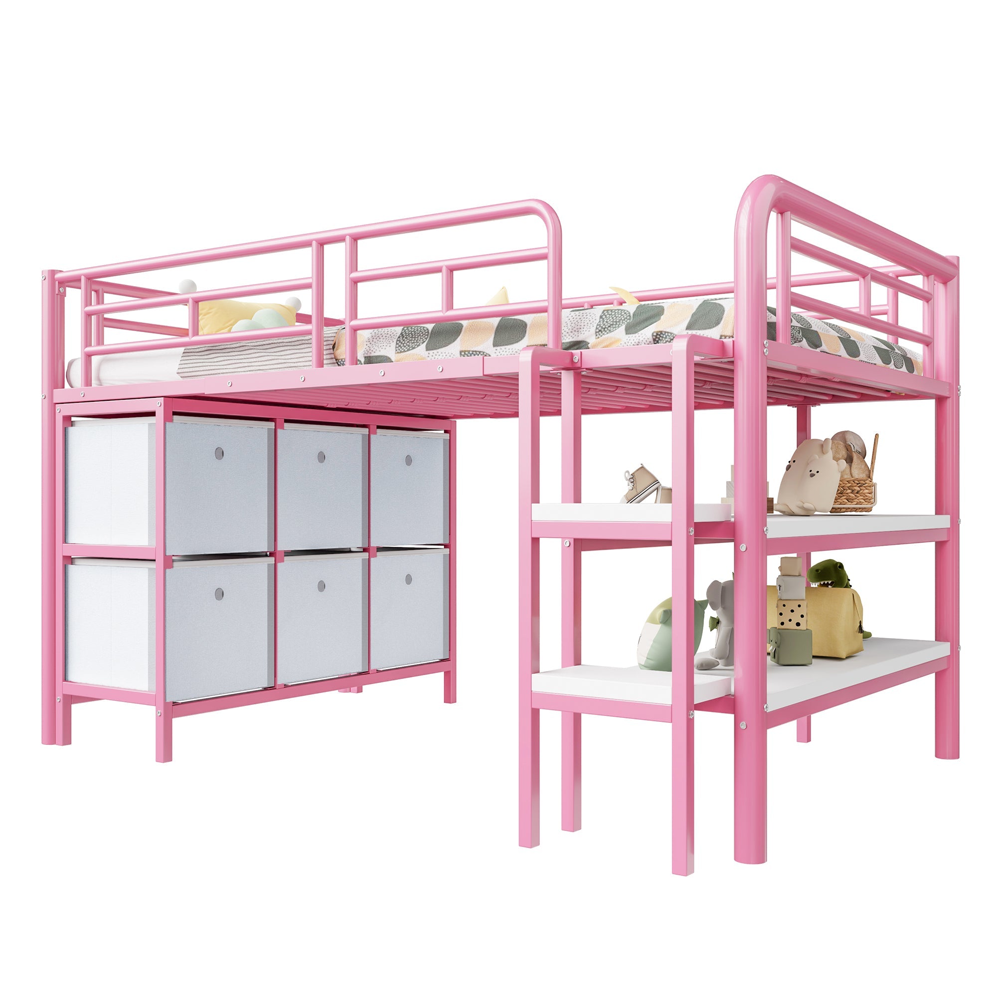 Children's Loft Bed with Metal Frame, Storage Drawers and Shelves, Pink