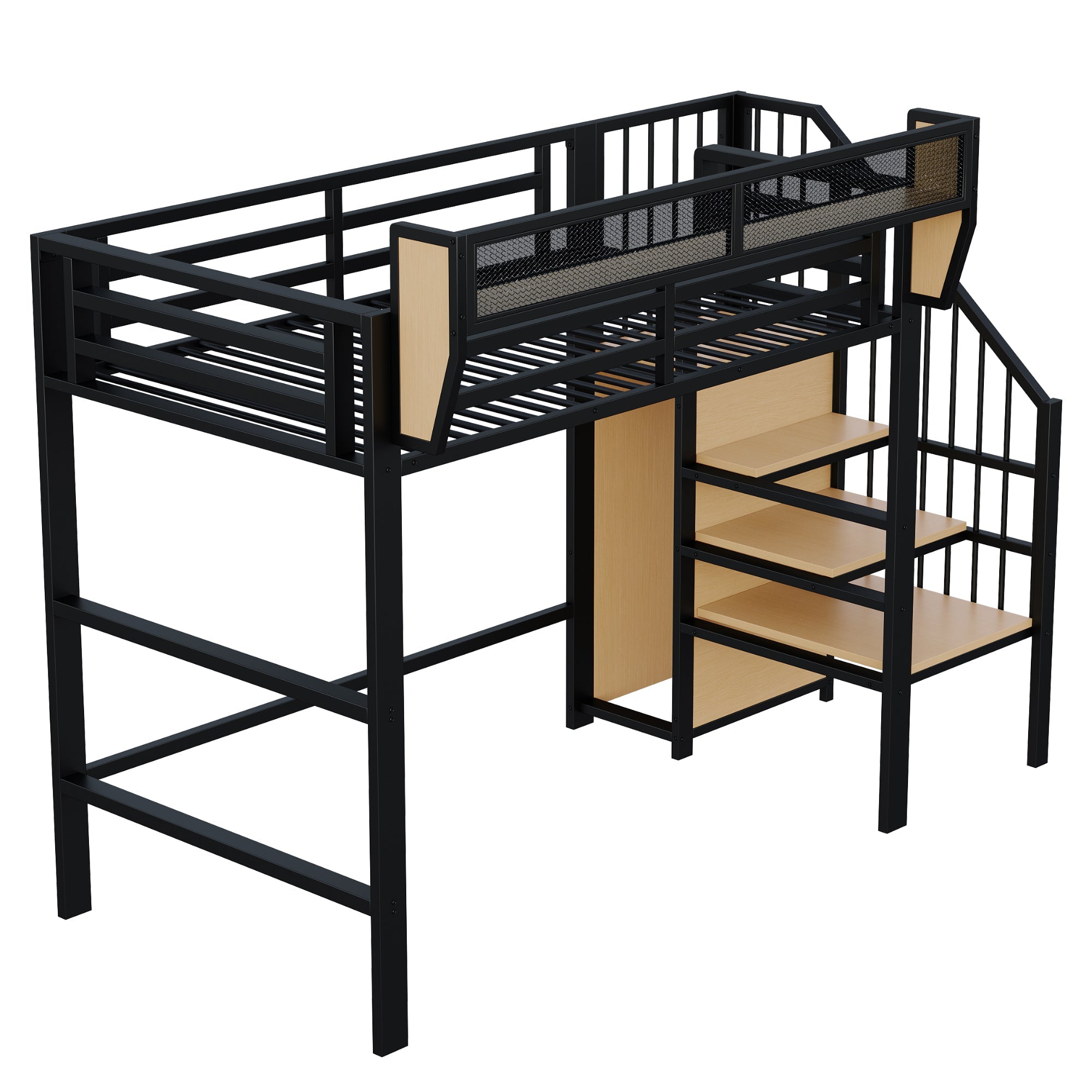 Loft Bed 90x200 with Safety Ladder Storage Bunk Metal, Black