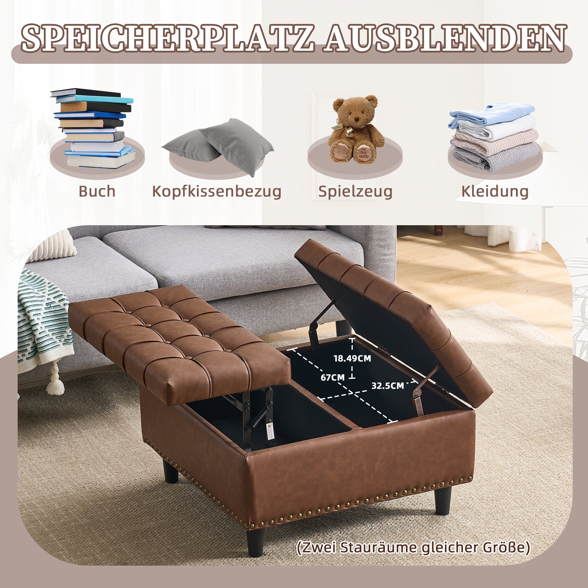 Storage Chair, Liftable Bench, Square, Brown PU