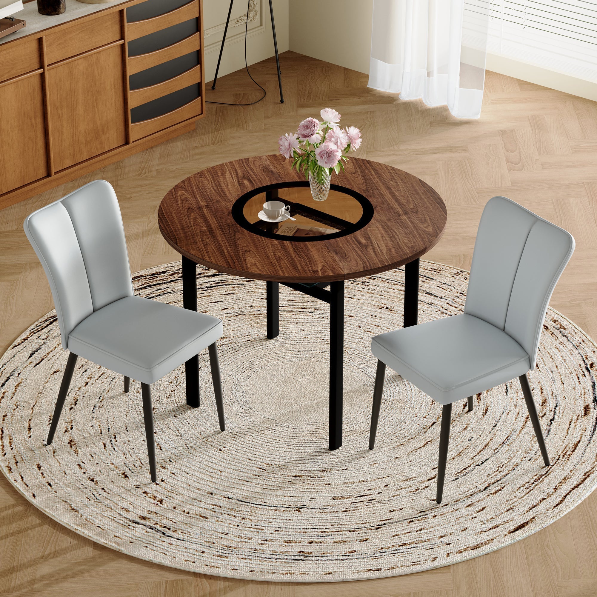 Round Dining Set 100cm Minimalist 2 PU Chairs - Light Grey/Wood Look