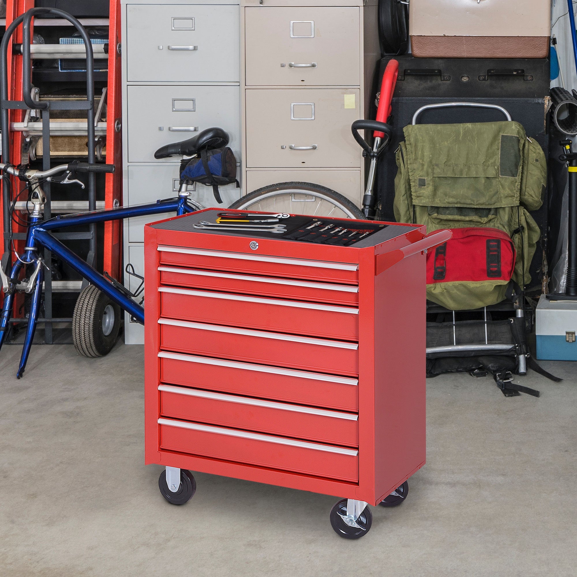 DURHAND Workshop Trolley, 7 Drawers, Lockable, 150 kg, Steel Red