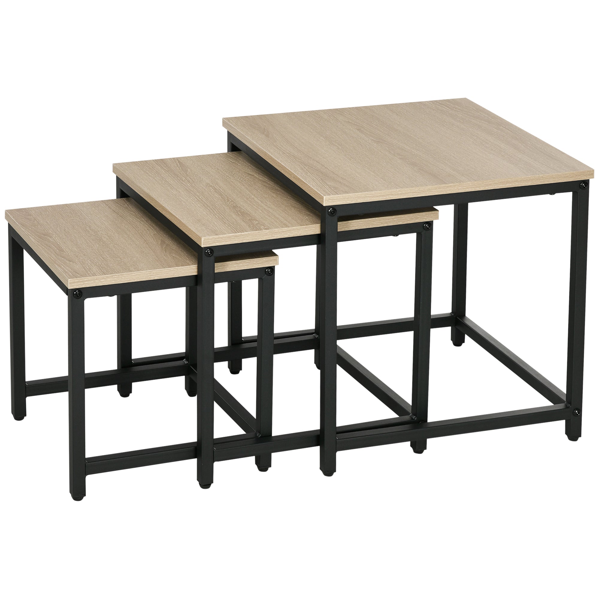 Set of 3 Coffee Tables Nesting Steel Frame Wood Look, Natural