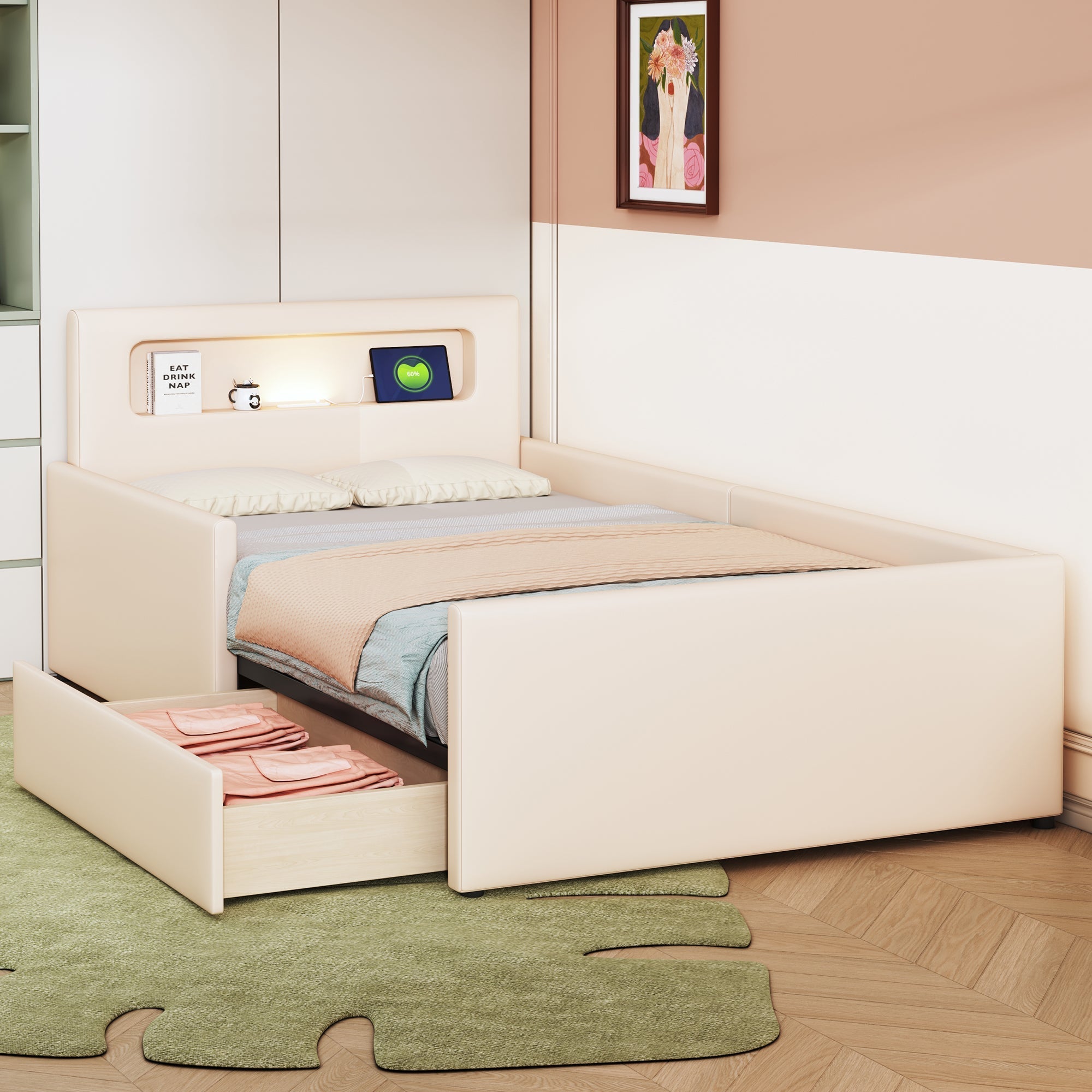 Upholstered Children's Bed 90x200cm Night Light USB Storage Safety Faux Leather Beige