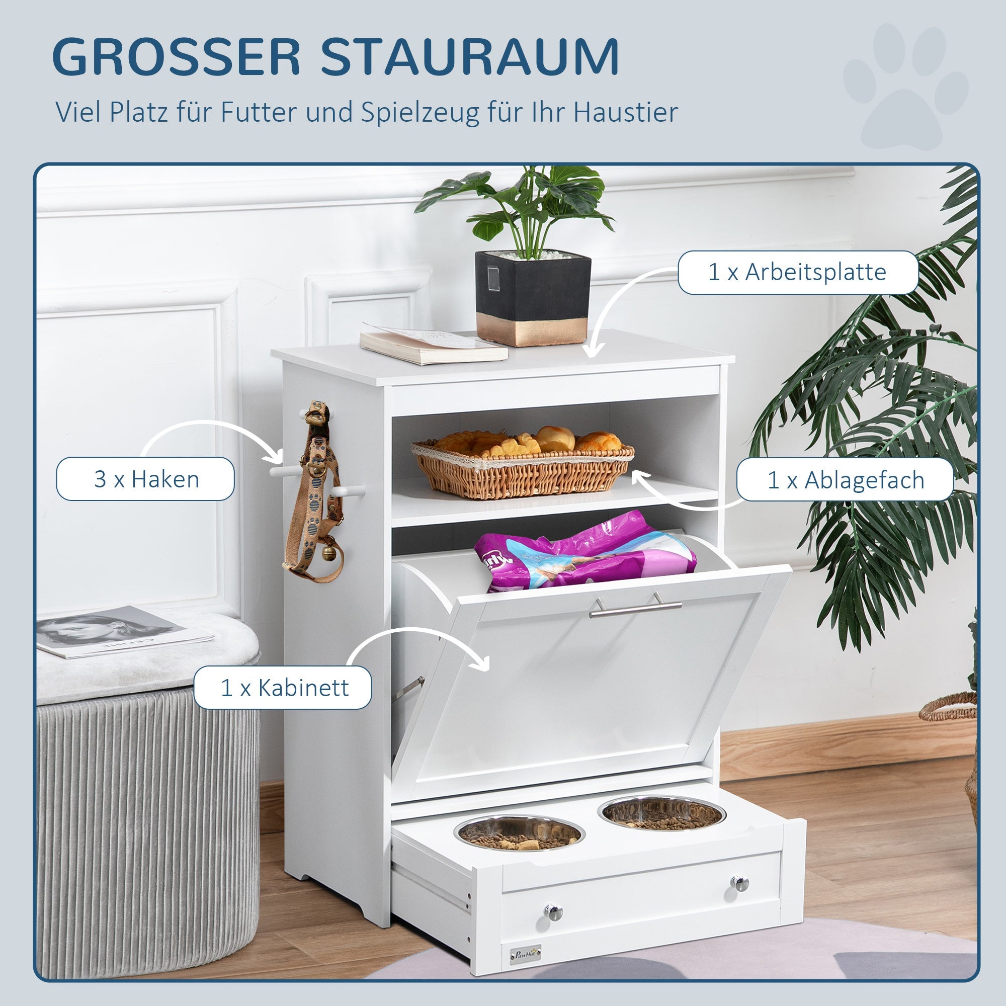 Pet Food Cabinet, 2 Stainless Steel Bowls Storage Tilting Door, White