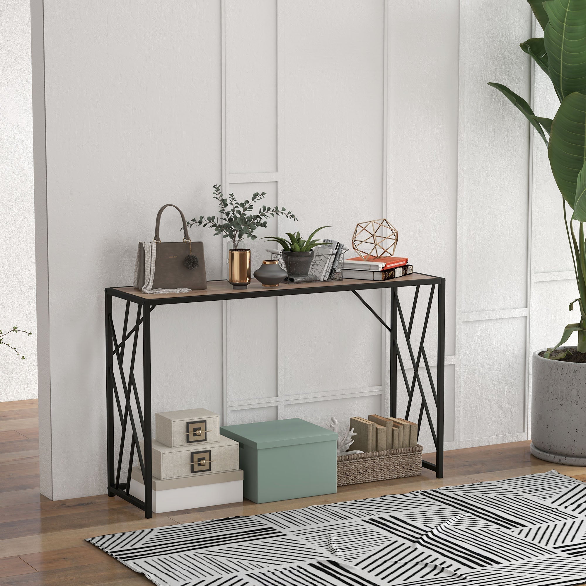 Console Table, Industrial Style Side/Hallway Decorative Steel Legs, Brown
