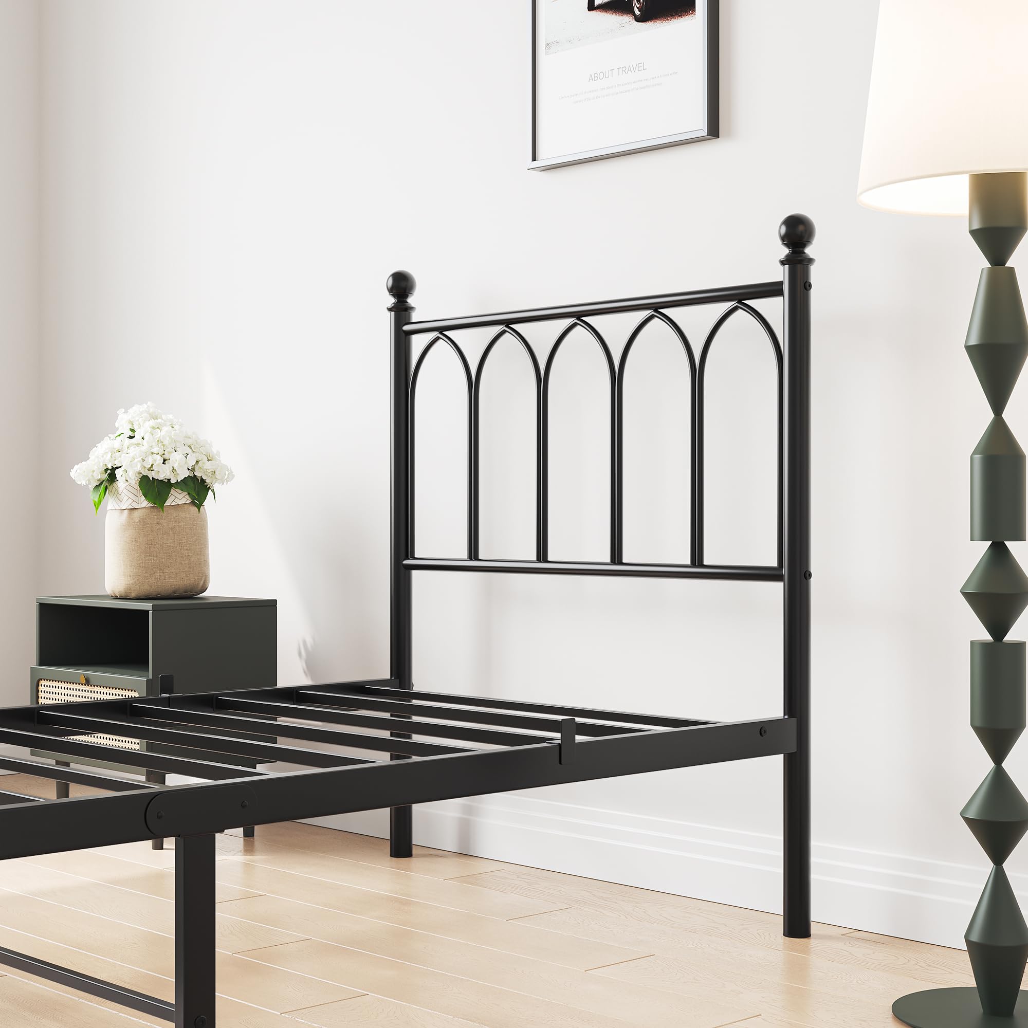 Metal Bed Frame 90x200cm Vintage Headboard Footboard Under-bed Storage - Black