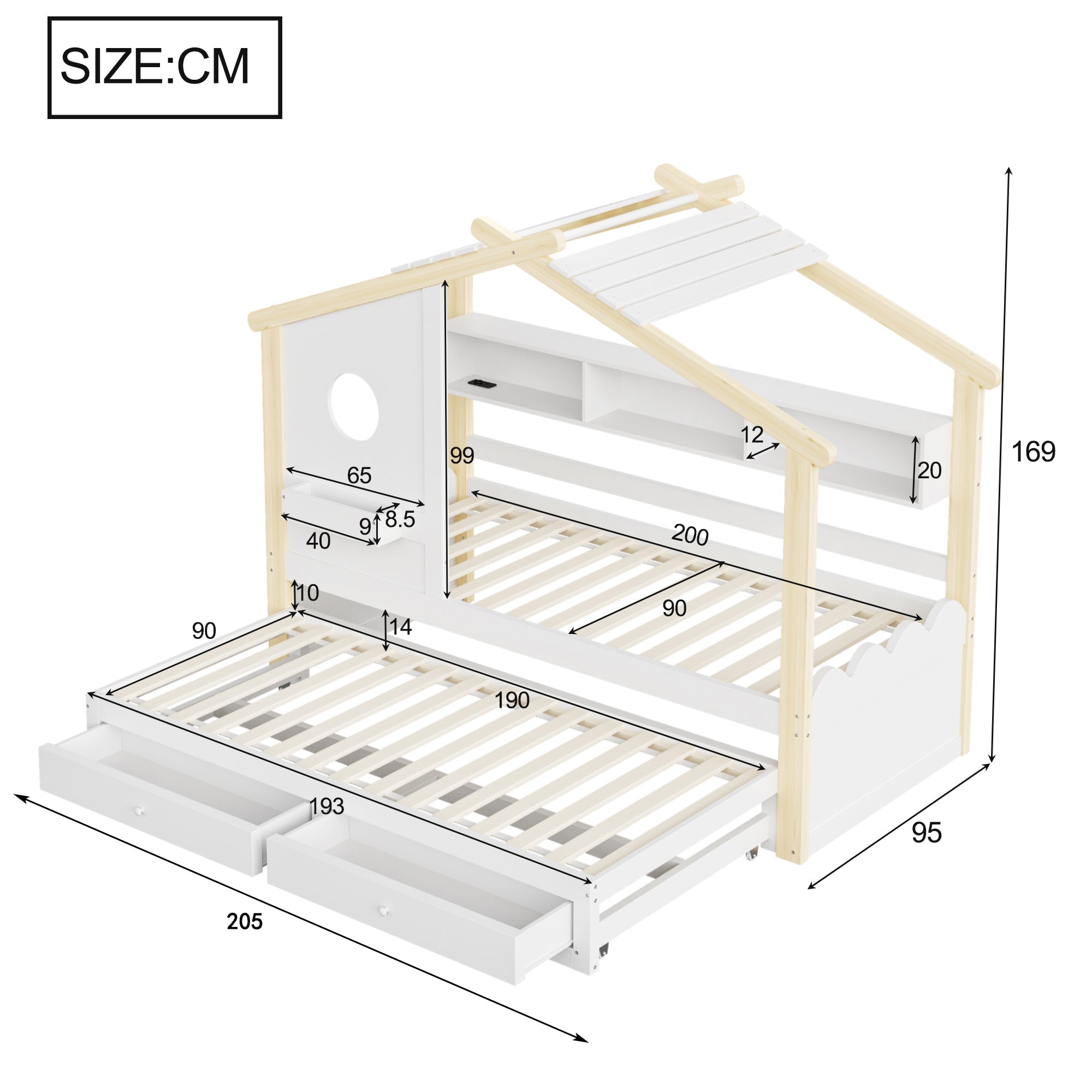 House-Shaped Children's Bed with Pull-out Bed, Drawers, USB, LED and Shelves, 90x200cm, White and Raw Wood