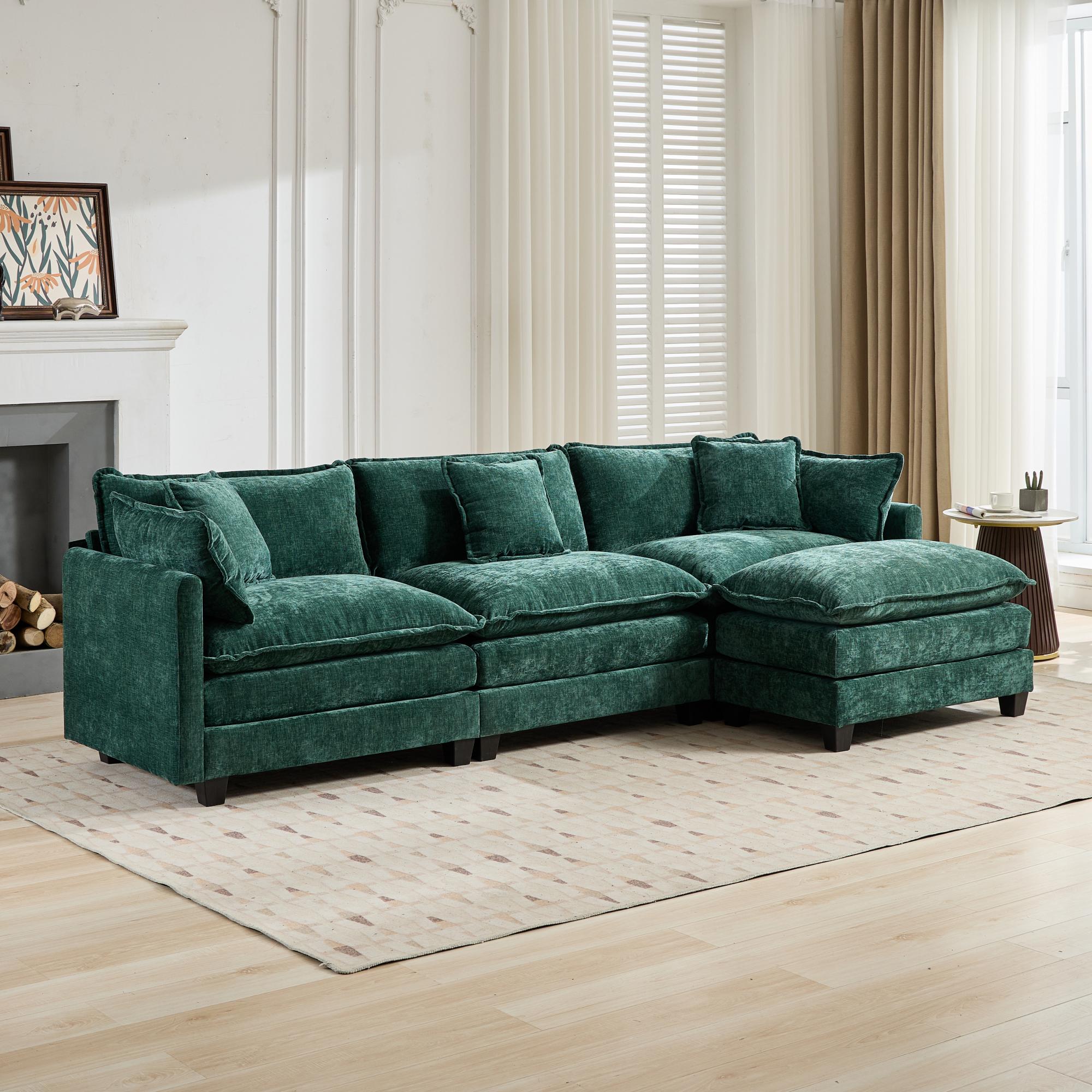 Cloud Sofa Ottoman Modern Sectional Couch Double Layer Upholstered Cushion Chenille Green