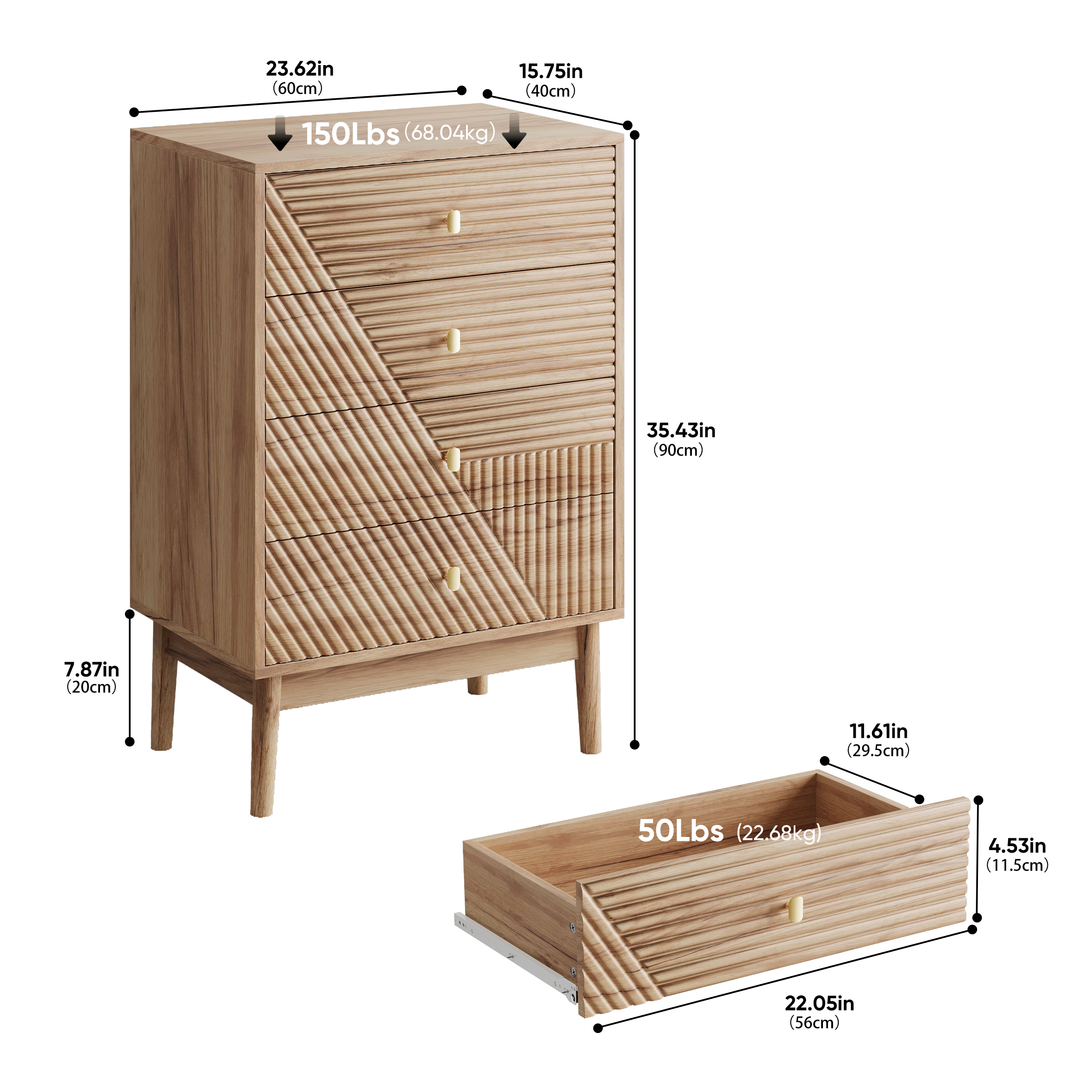 Chest of Drawers with 4 Storage Drawers and Wooden Wardrobe Cabinet, Oak Color