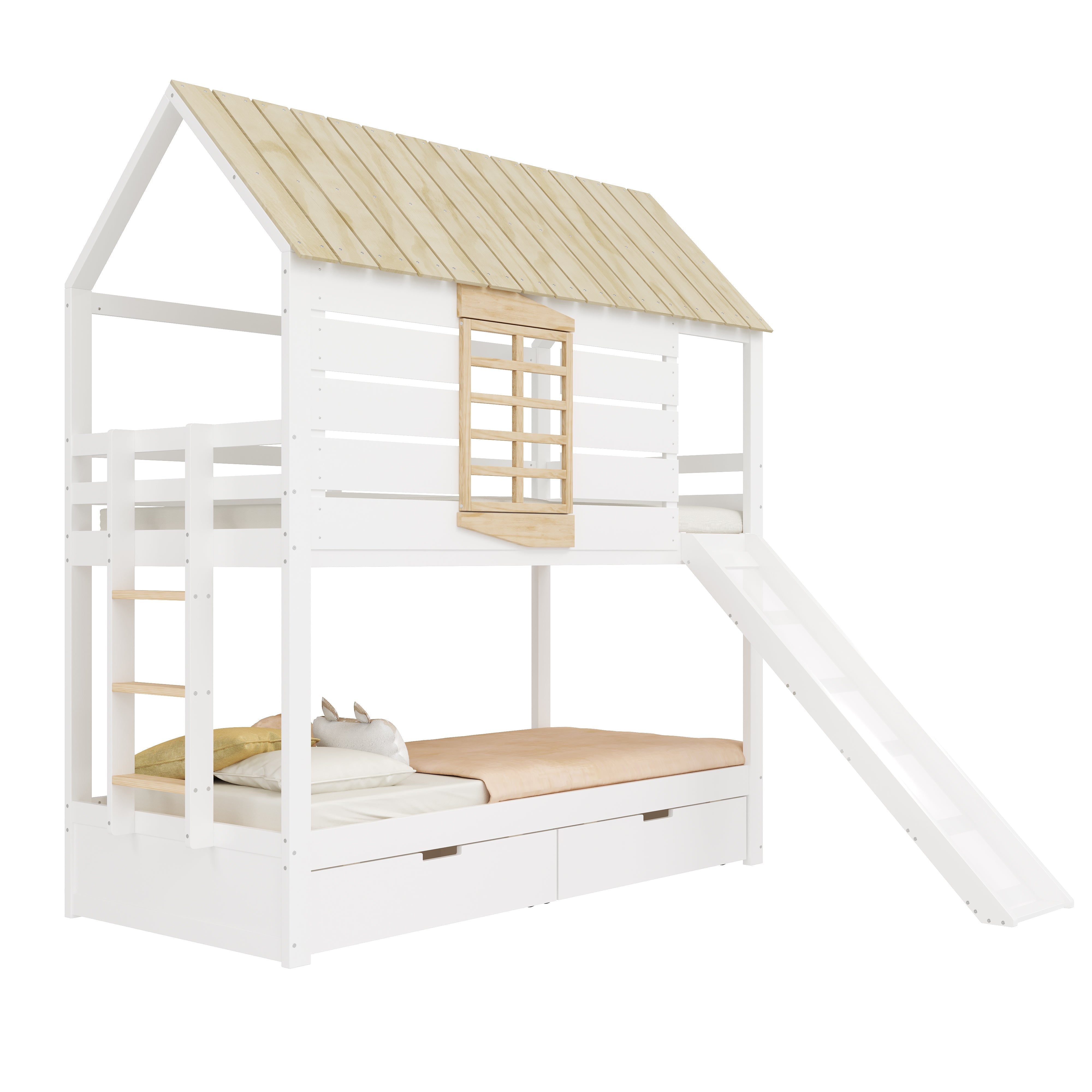 House Bunk Bed with Slide and 2 Storage Drawers, 90x200cm, White and Natural