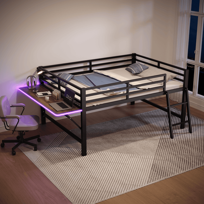 Flatbed Metal Bed 140x200cm Desk Ladder LED Light - Black