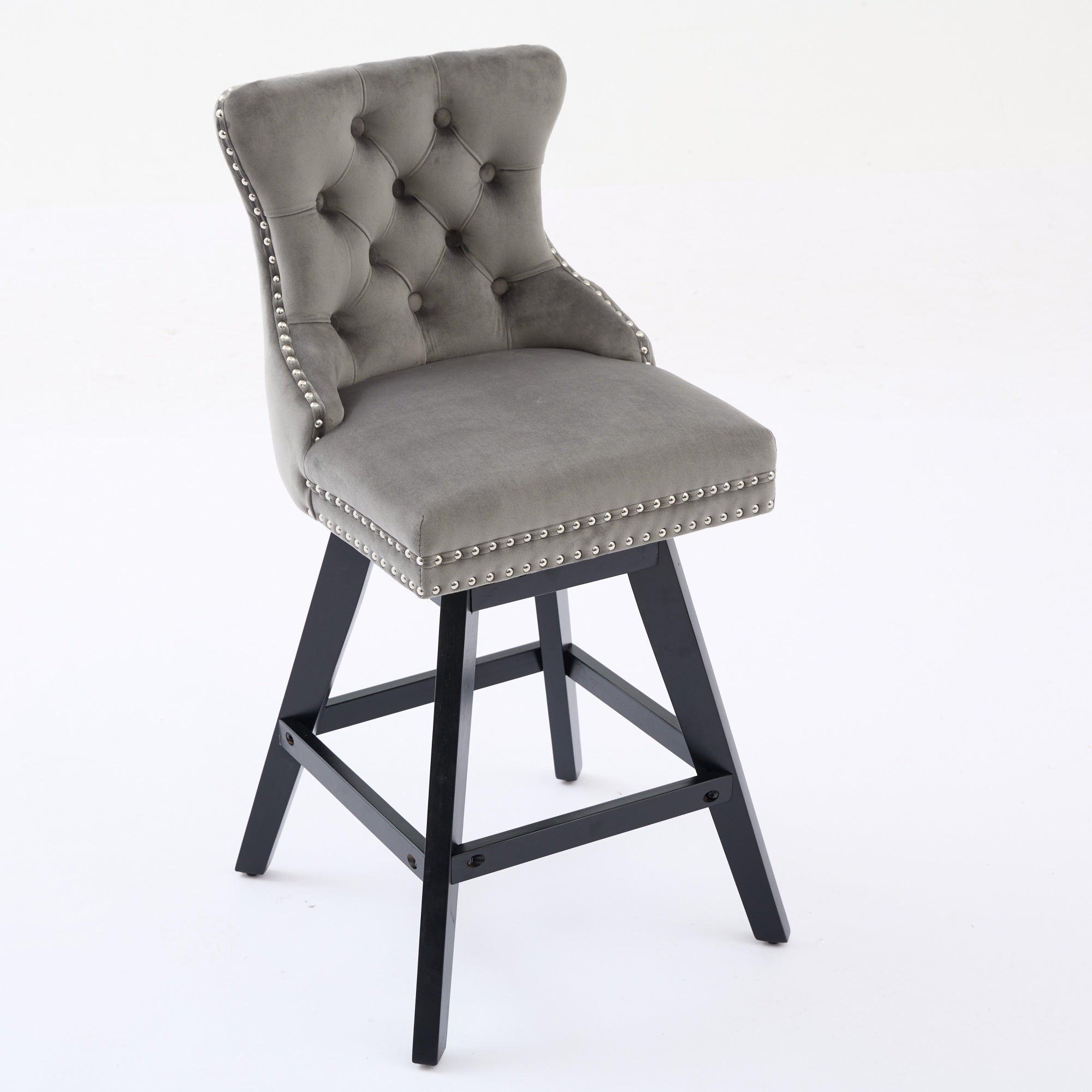 Swivel Barstools Velvet Button Tufted Wooden Legs Set of 2 - Gray