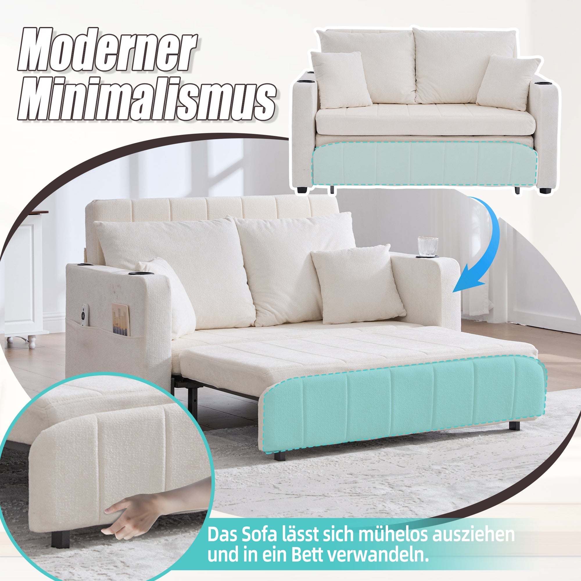 Sofa, Multifunctional Folding Pull-Out with USB & Cup Holder, Fabric