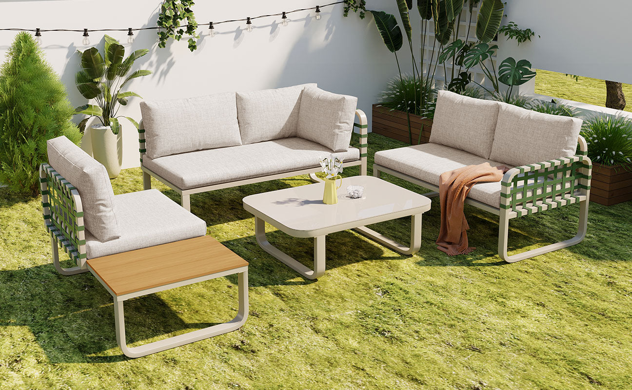 Garden Lounge Set 4-5 Seater Rattan Outdoor Sofa with Cushions - Apricot