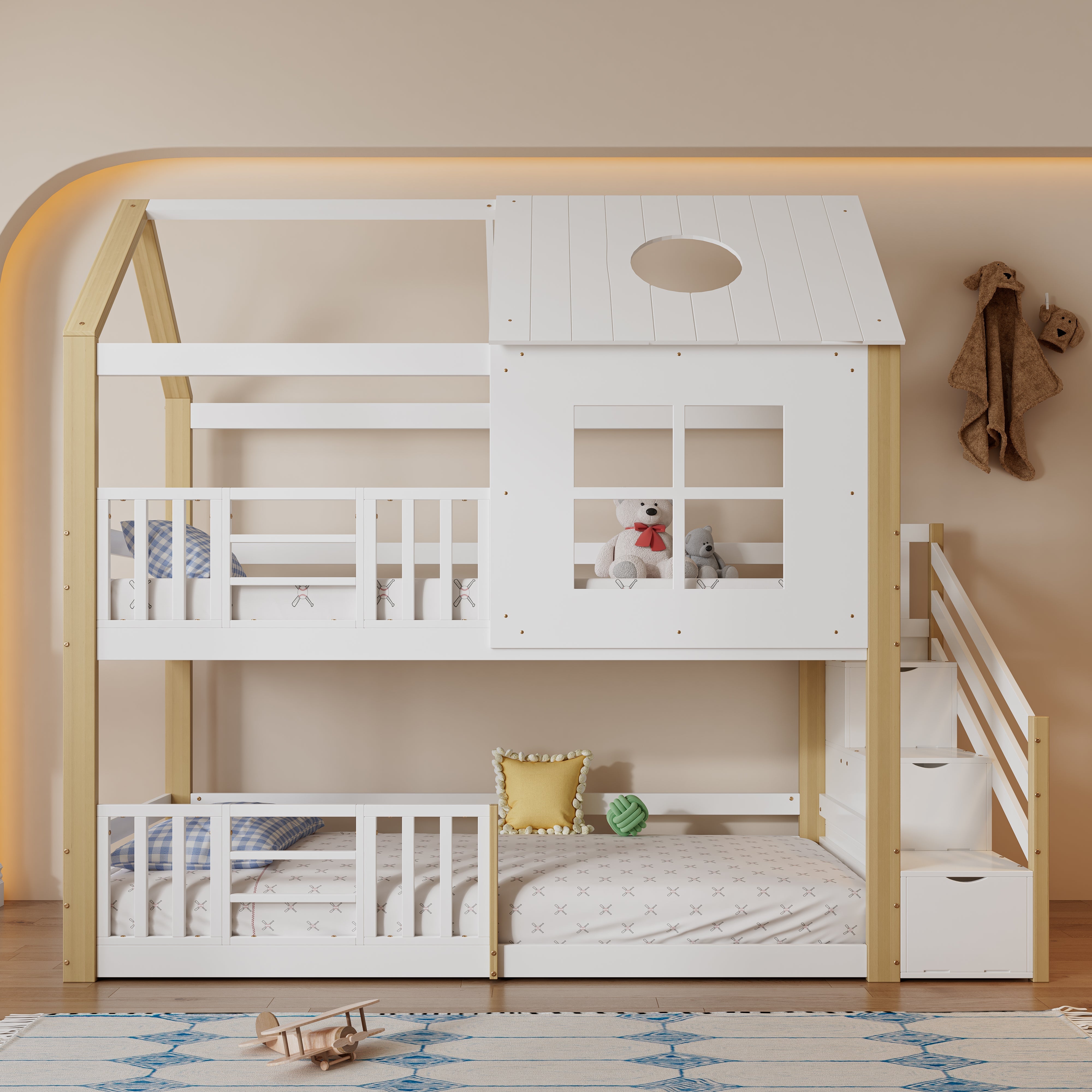 Bunk Bed House Bed with Storage Stairs, Safety Rail, Window, 90x200cm - Pine+MDF, White+Natural