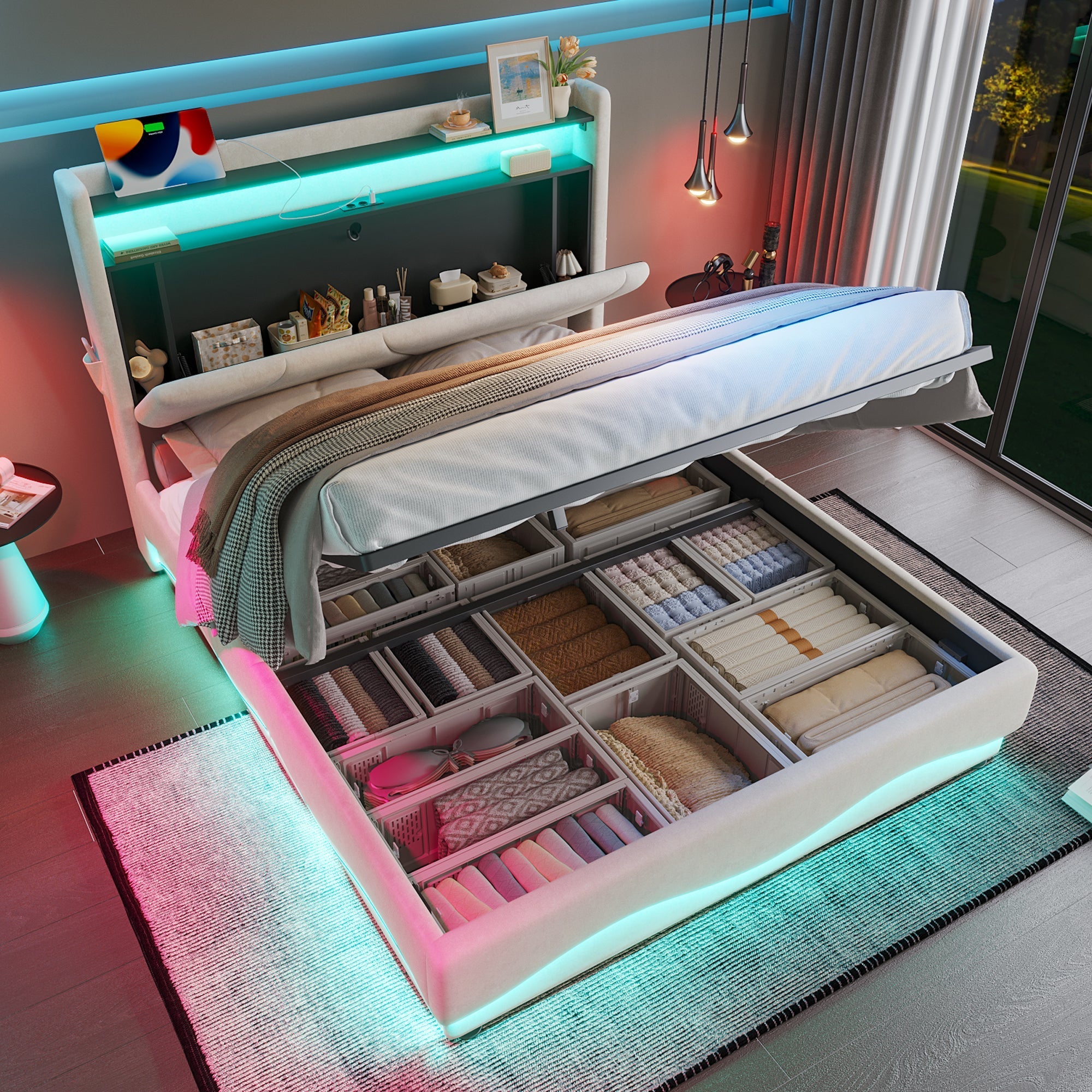 Modern Upholstered Bed 140x200cm, LED Headboard, Storage, USB Ports, Gas Spring Slatted Base