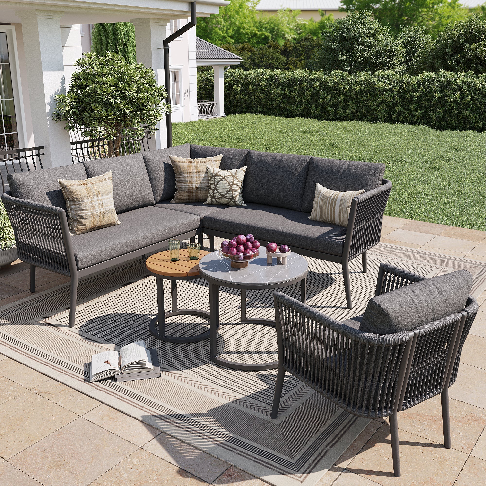 Garden Lounge Set for 5-6 People, 6-Piece Modular Corner Outdoor Sofa with Cushions, PE Rattan Grey