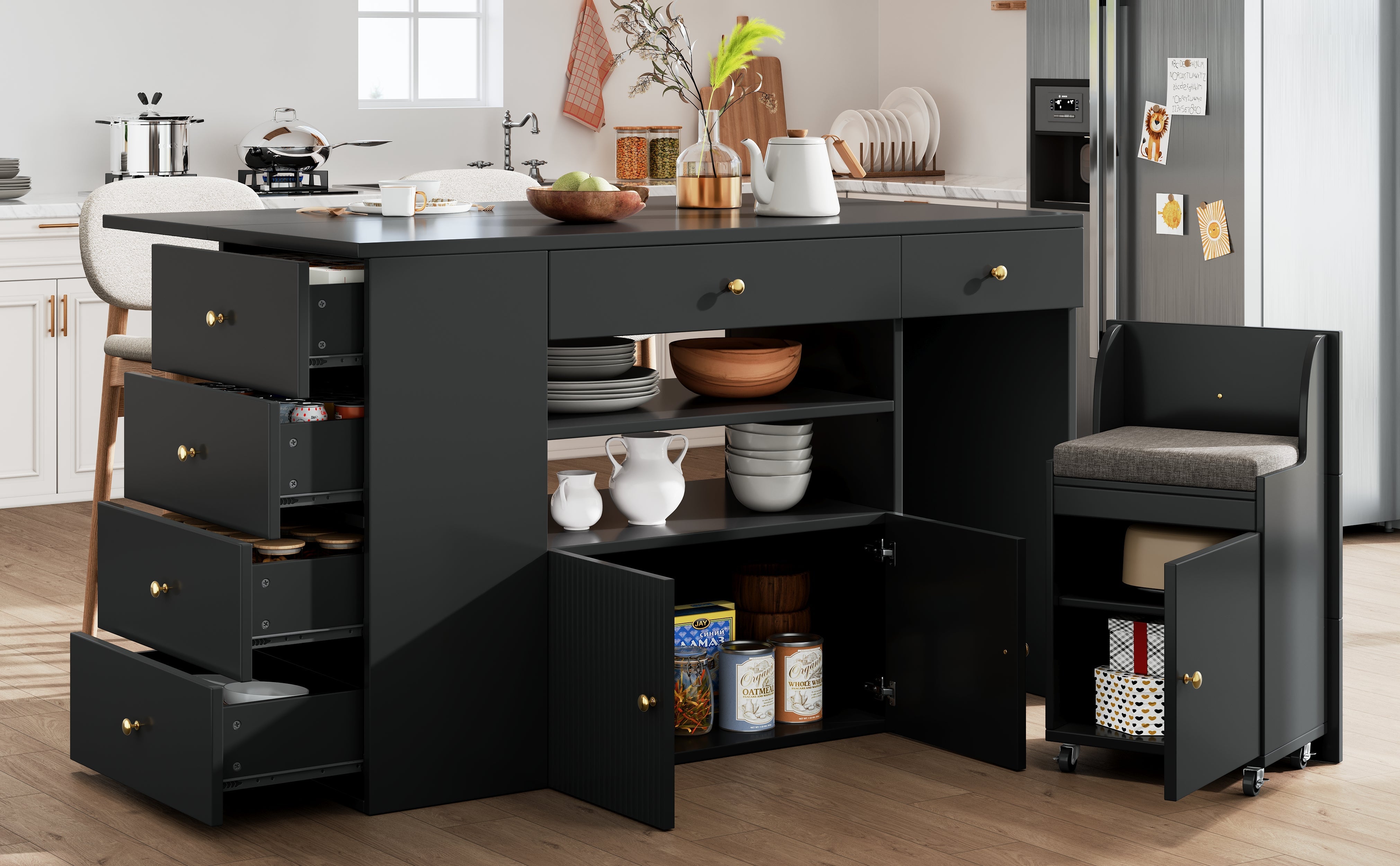 Kitchen Island Cabinet Adjustable 140cm with 6 Drawers Bar Stools White/Black