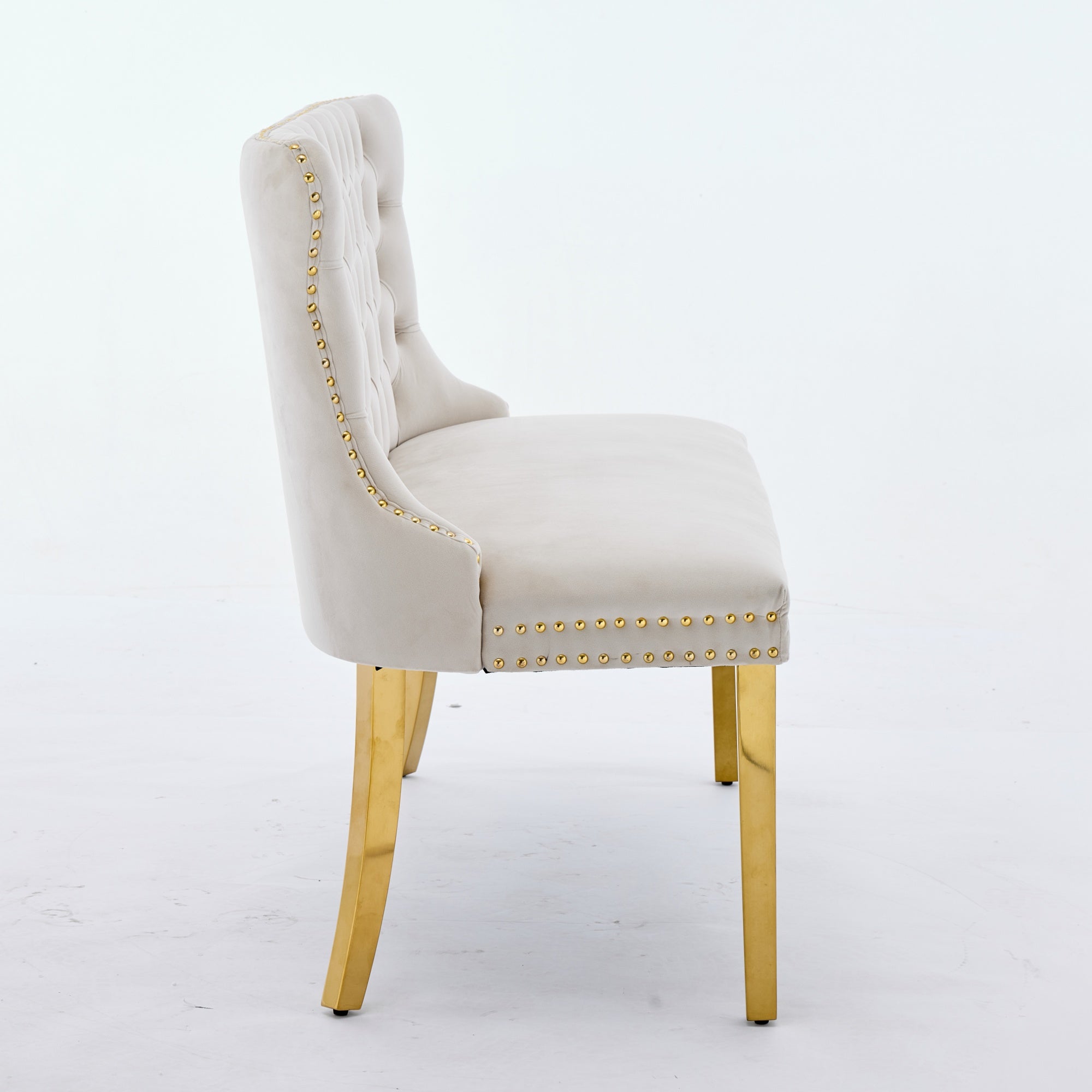 Velvet Double Dining Loveseat Bench, 2-Seat Tufted Wing Back Gold-Plated Steel Legs, Beige Velvet