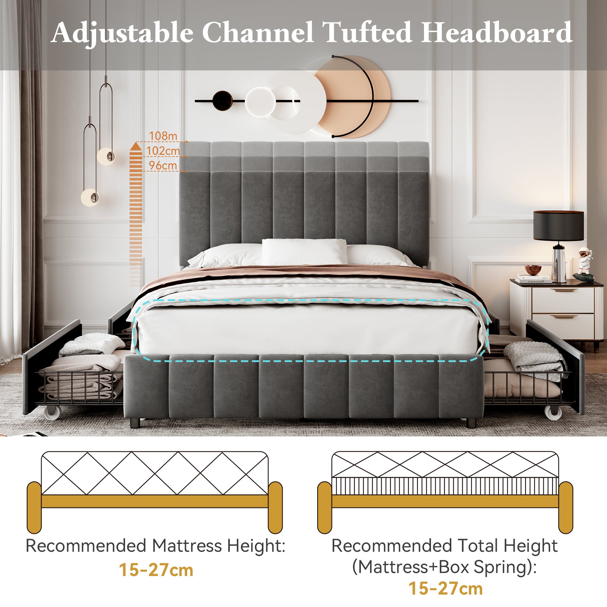 4ft6 Double Upholstered Bed with 4 Storage Drawers, Adjustable Channel Tufted Headboard, Grey Velvet