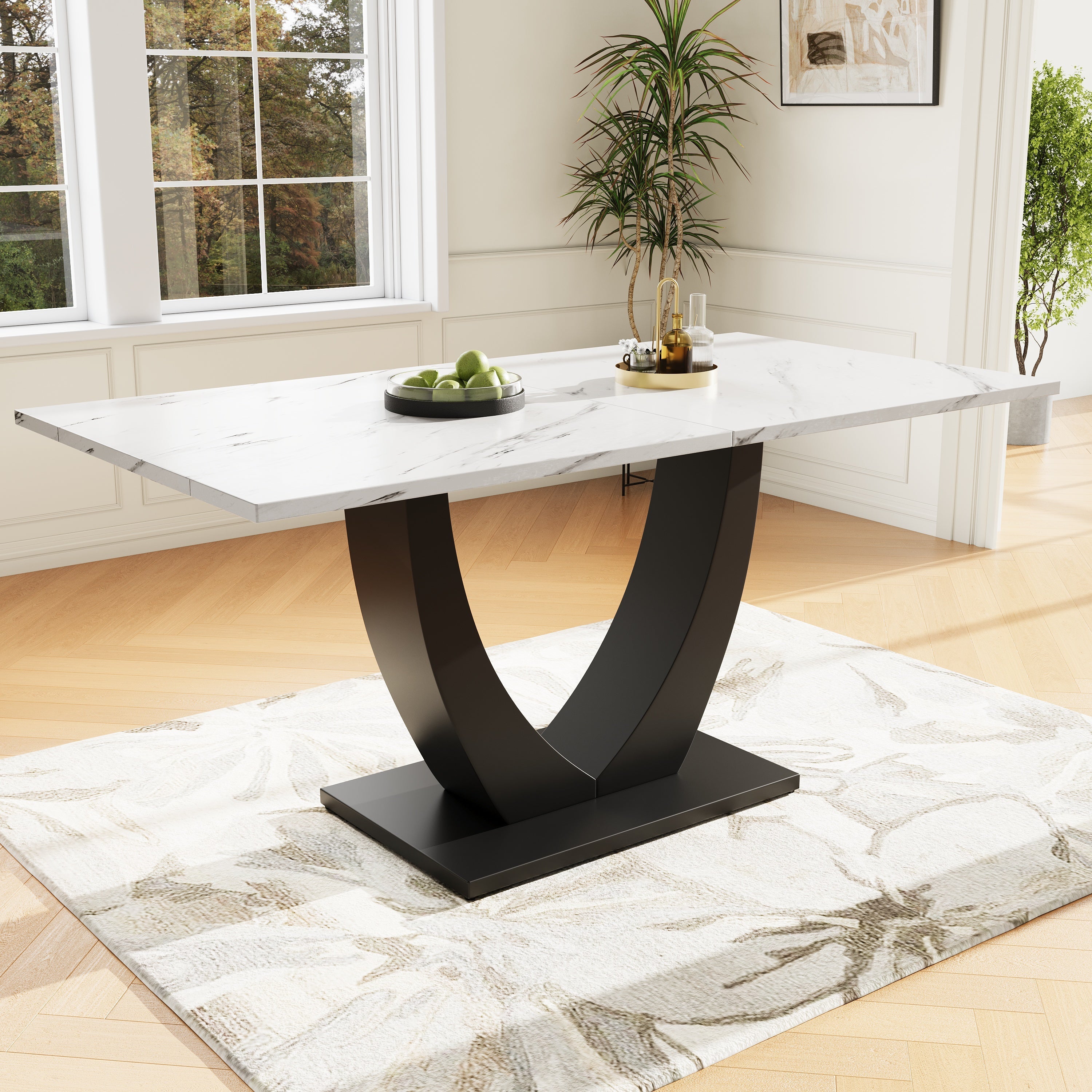 Modern Rectangular Dining Table with Marble Pattern and Adjustable Metal Legs, White/Black