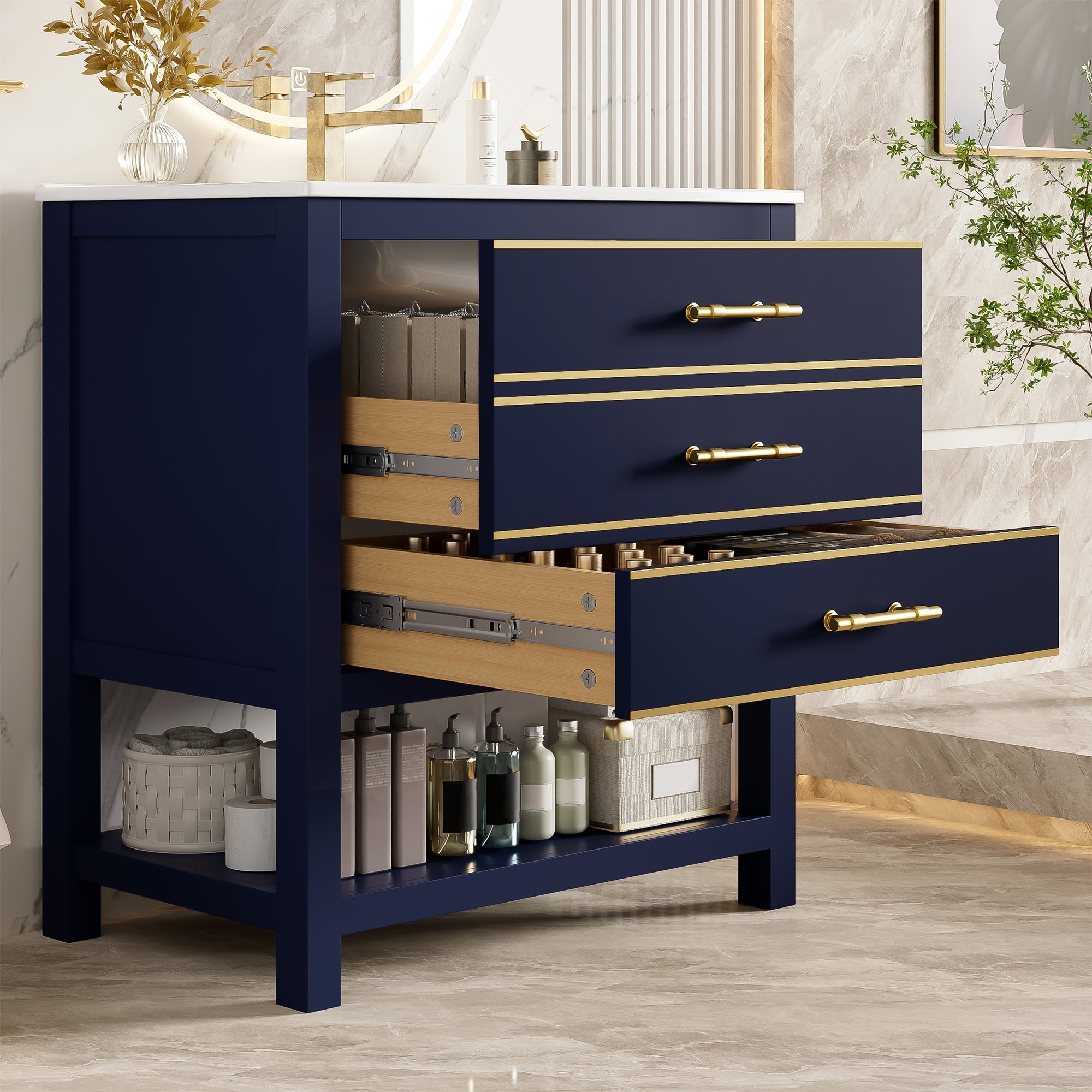 Bathroom Vanity Unit with Ceramic Sink and 2 Drawers, White and Gold