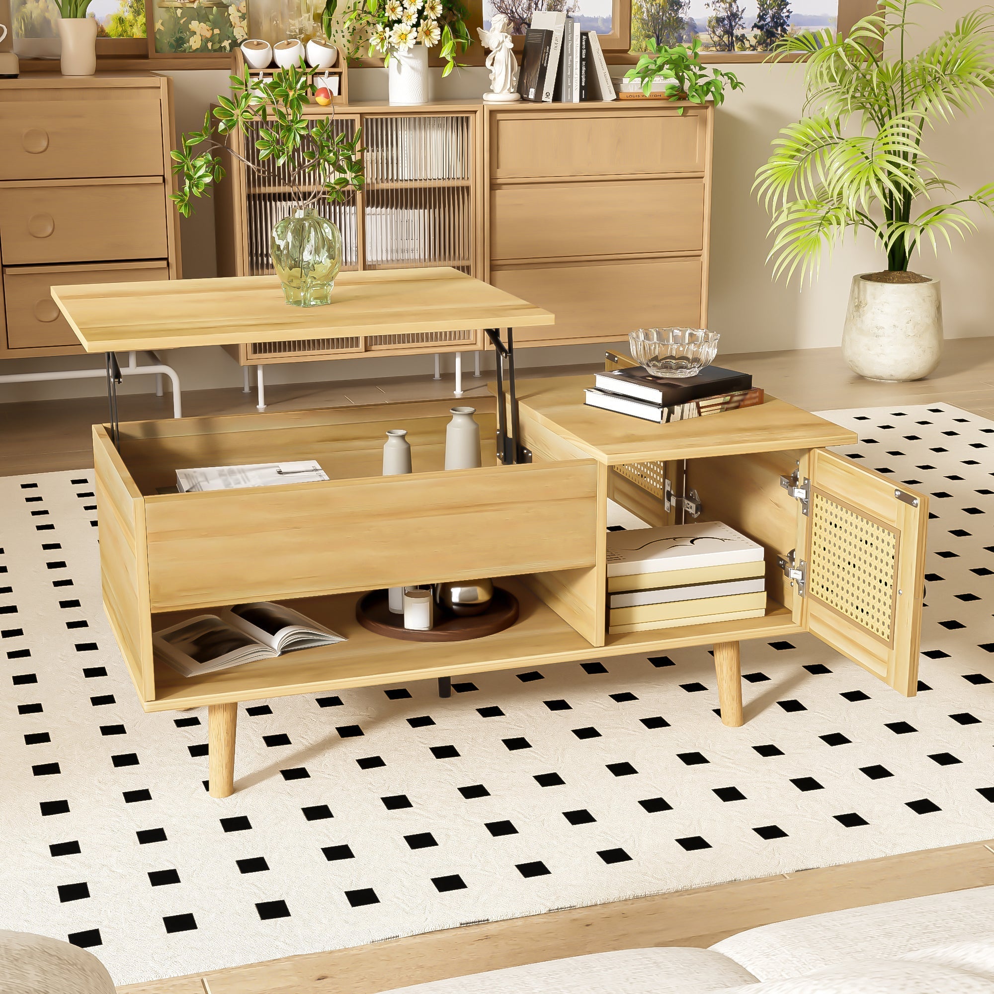 Coffee Table Lift-Up Top Rattan Doors Storage Wood/Black