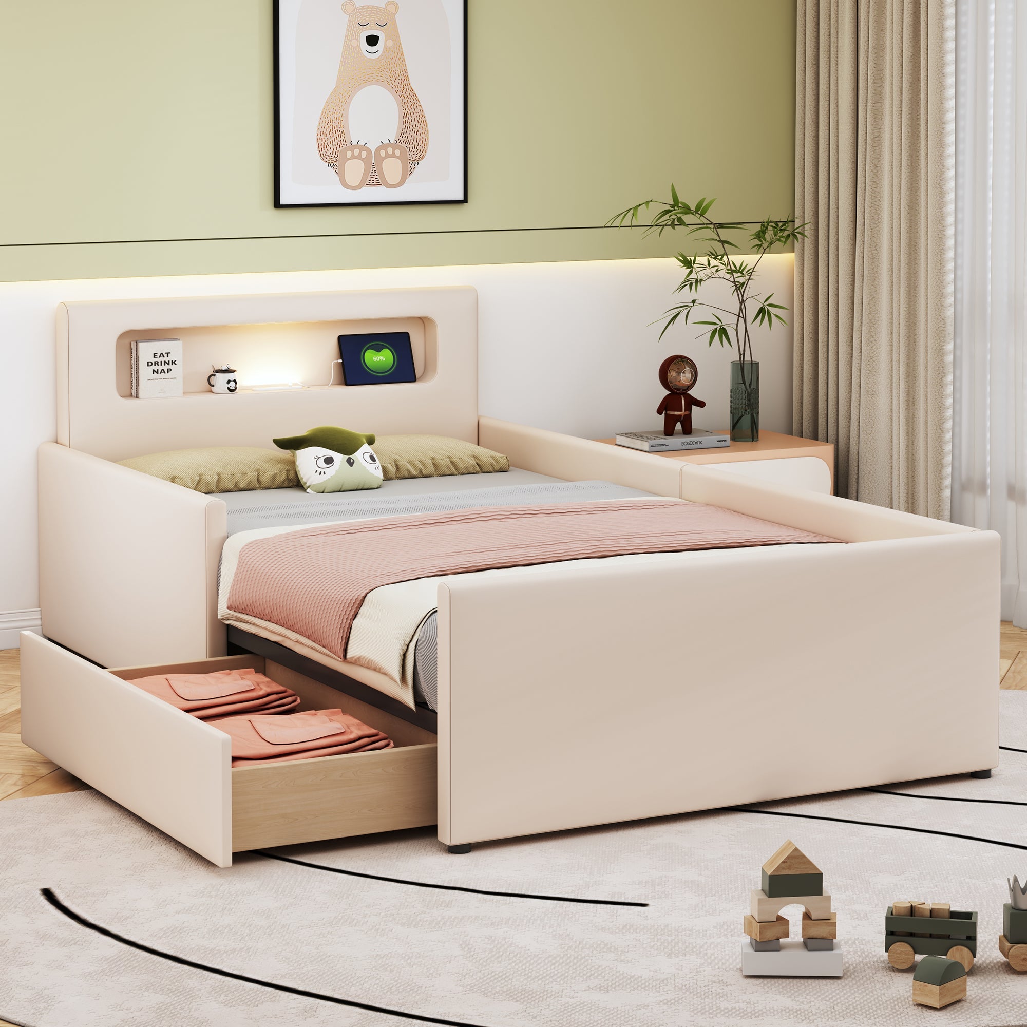 N623P195760A Upholstered Bed with LED Lighting and USB Charging, 140x200cm, Beige Velvet