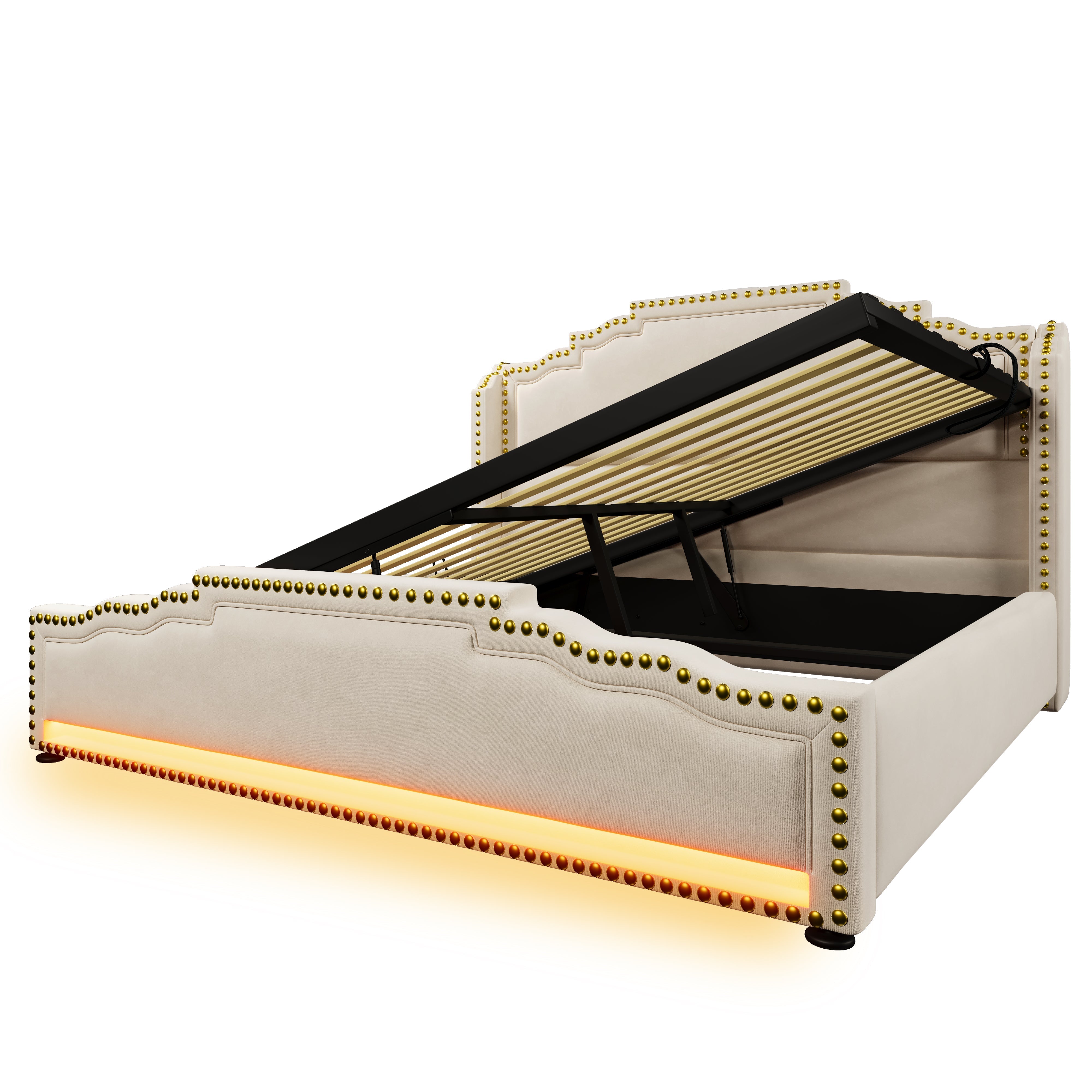 Upholstered Bed 140x200, Hydraulic Storage, LED, USB-C, Slatted Frame, Velvet Beige