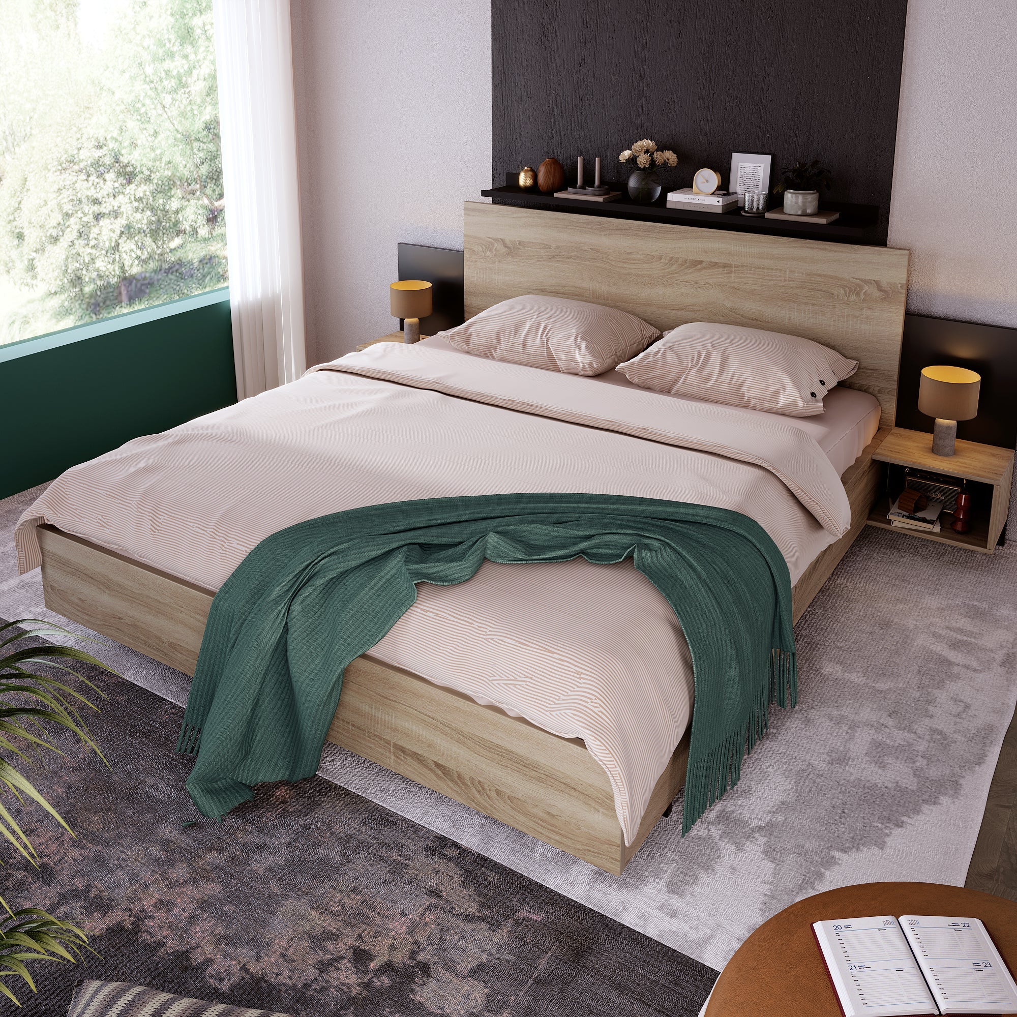 Double Bed Frame Set 160x200cm Modern 2 Bedside Tables, Sonoma Oak/Dark Grey Wood