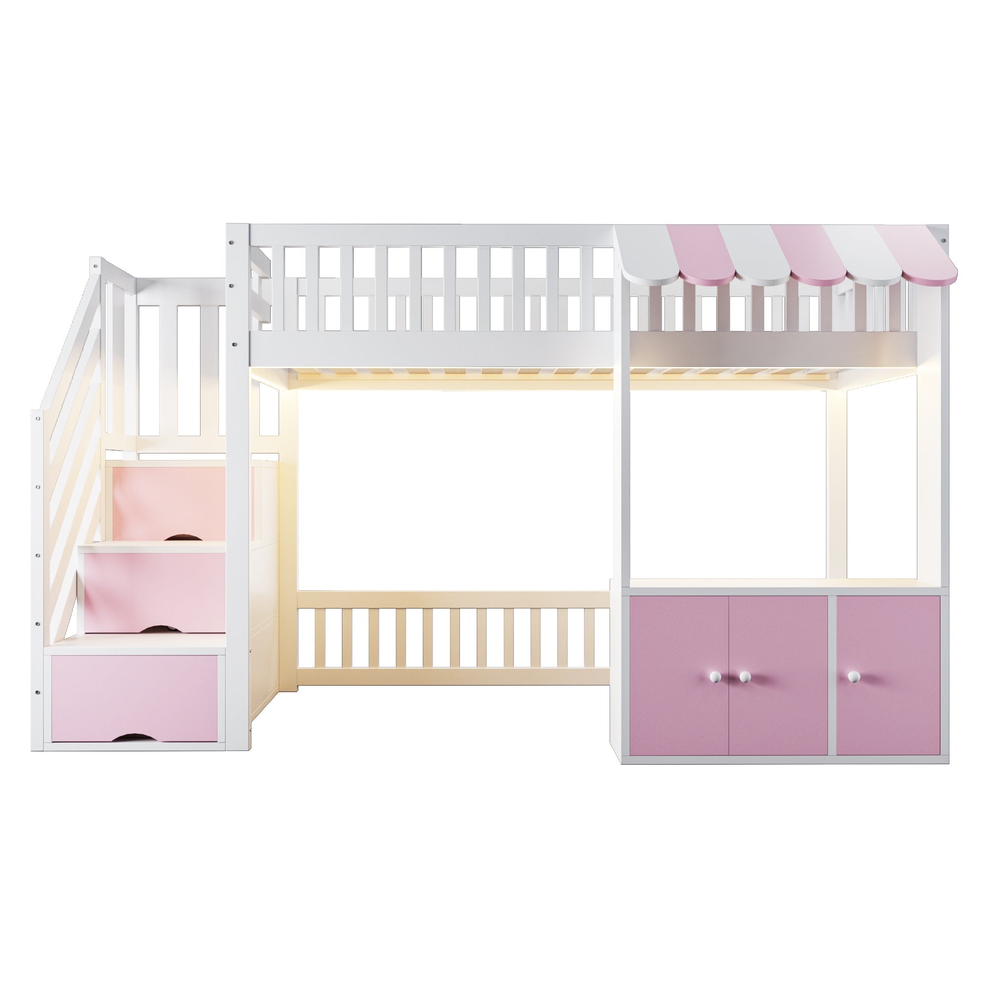 Loft Bed 90x200cm with Storage Stairs Wardrobe LED Light Wooden Pink