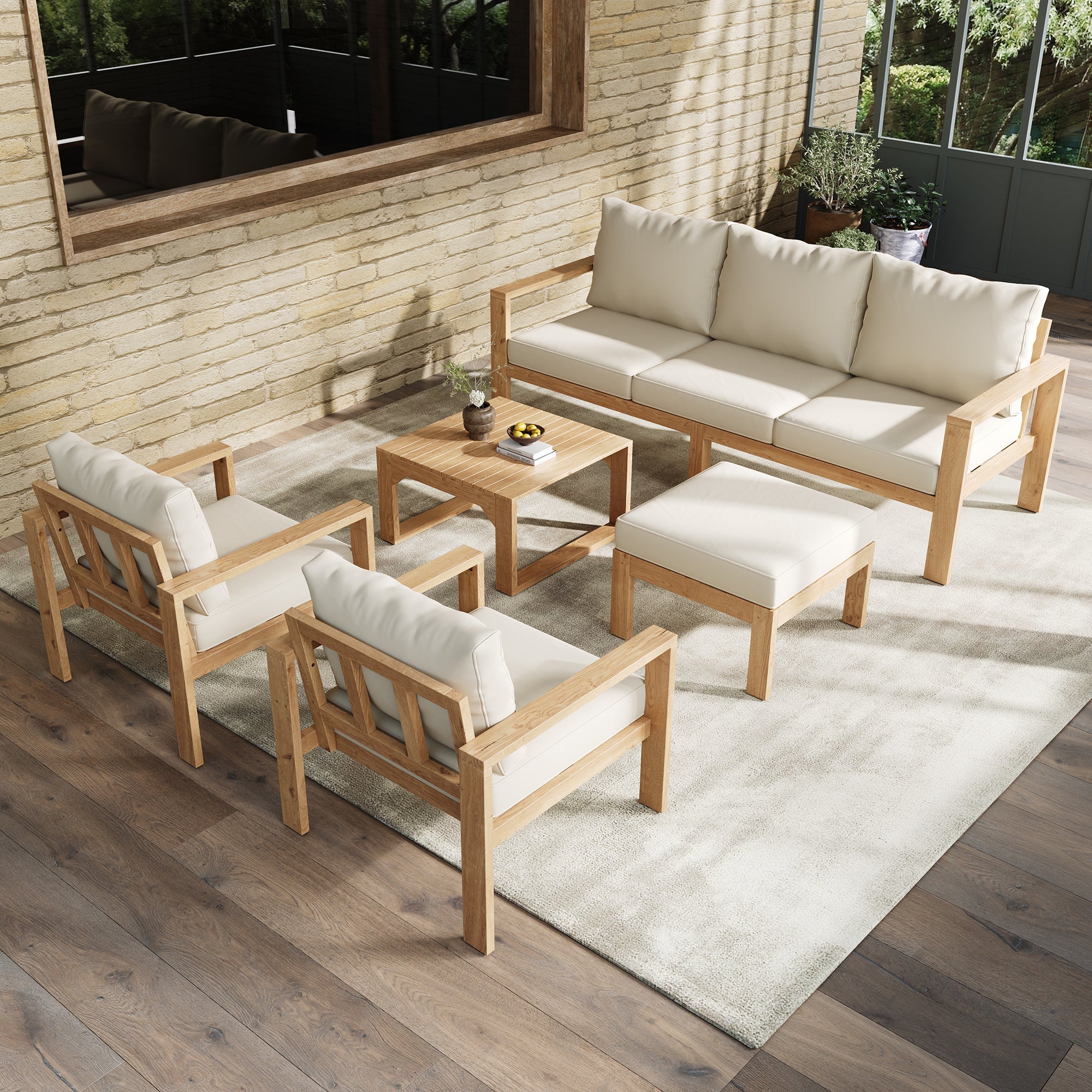 Garden Furniture Set with 5 Pieces for 4-6 People, Acacia Wood and Cream Canvas