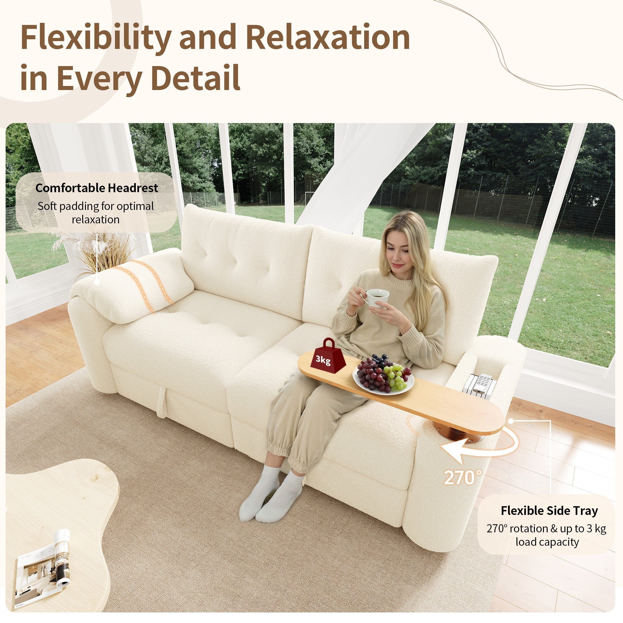 Teddy Plush Sofa, 3-Seater Modular Sofa Bed with Storage and Side Table, Beige