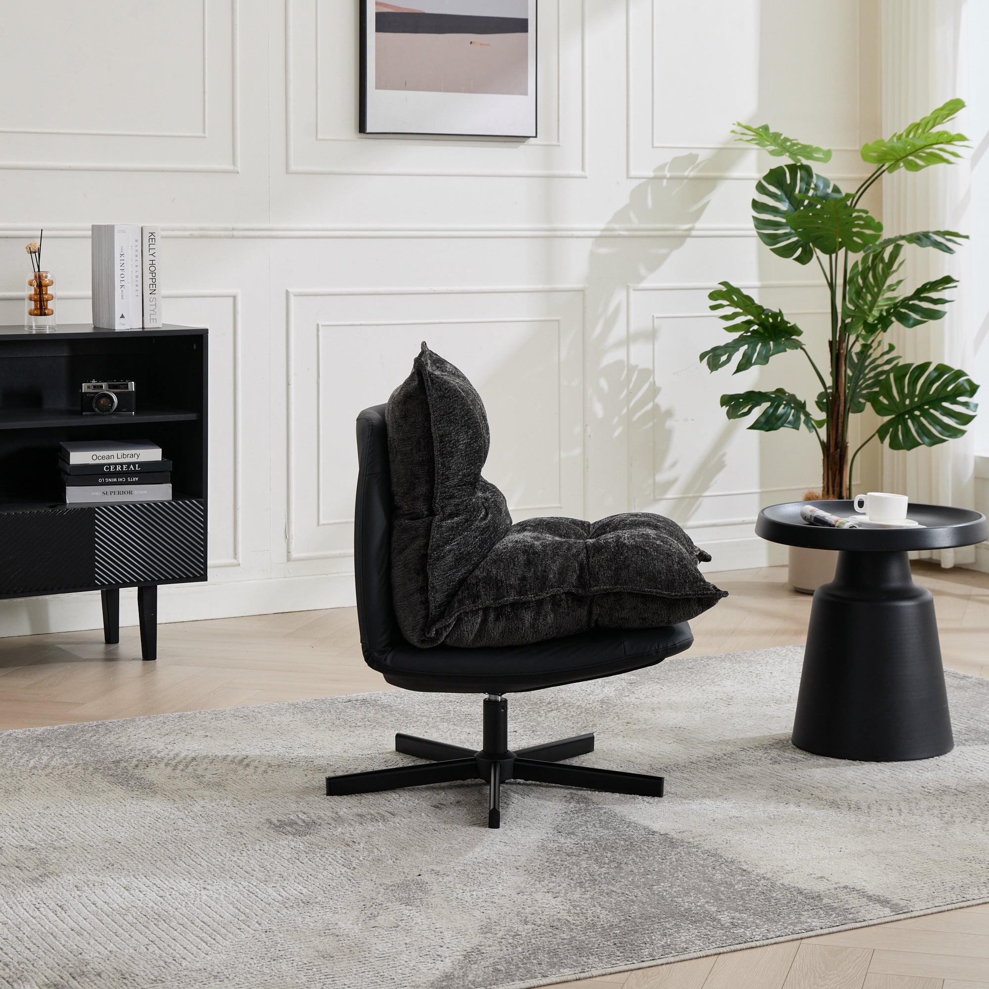 Swivel Recliner with 3-Position Adjustable Backrest and Memory Foam, Dark Grey Chenille and Faux Leather