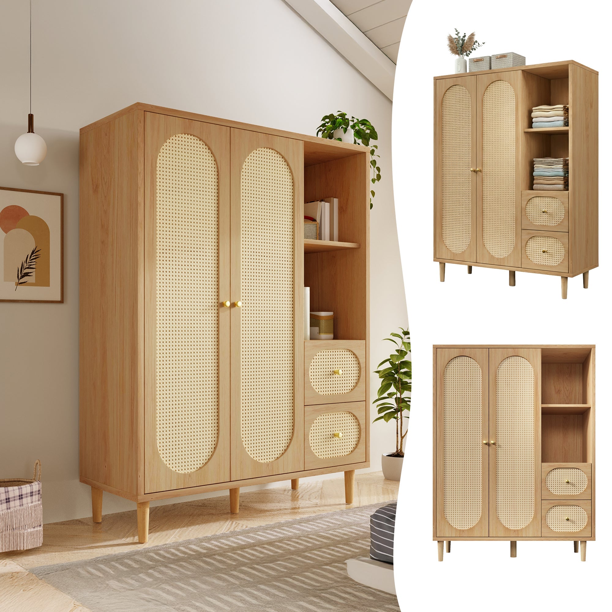 Country-Style Wardrobe with 2 Doors, 2 Drawers and Open Shelves, 161x120x44cm, Oak Wood