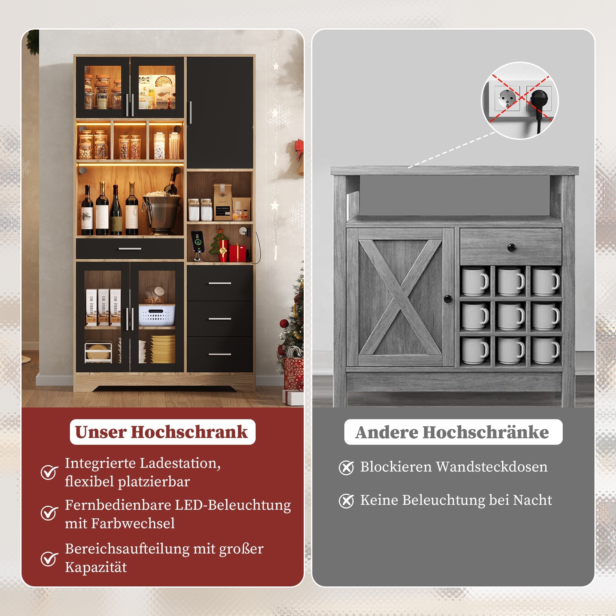 Farmhouse Style Vintage Tall Kitchen Cabinet with LED Lights and Socket, Oak Look