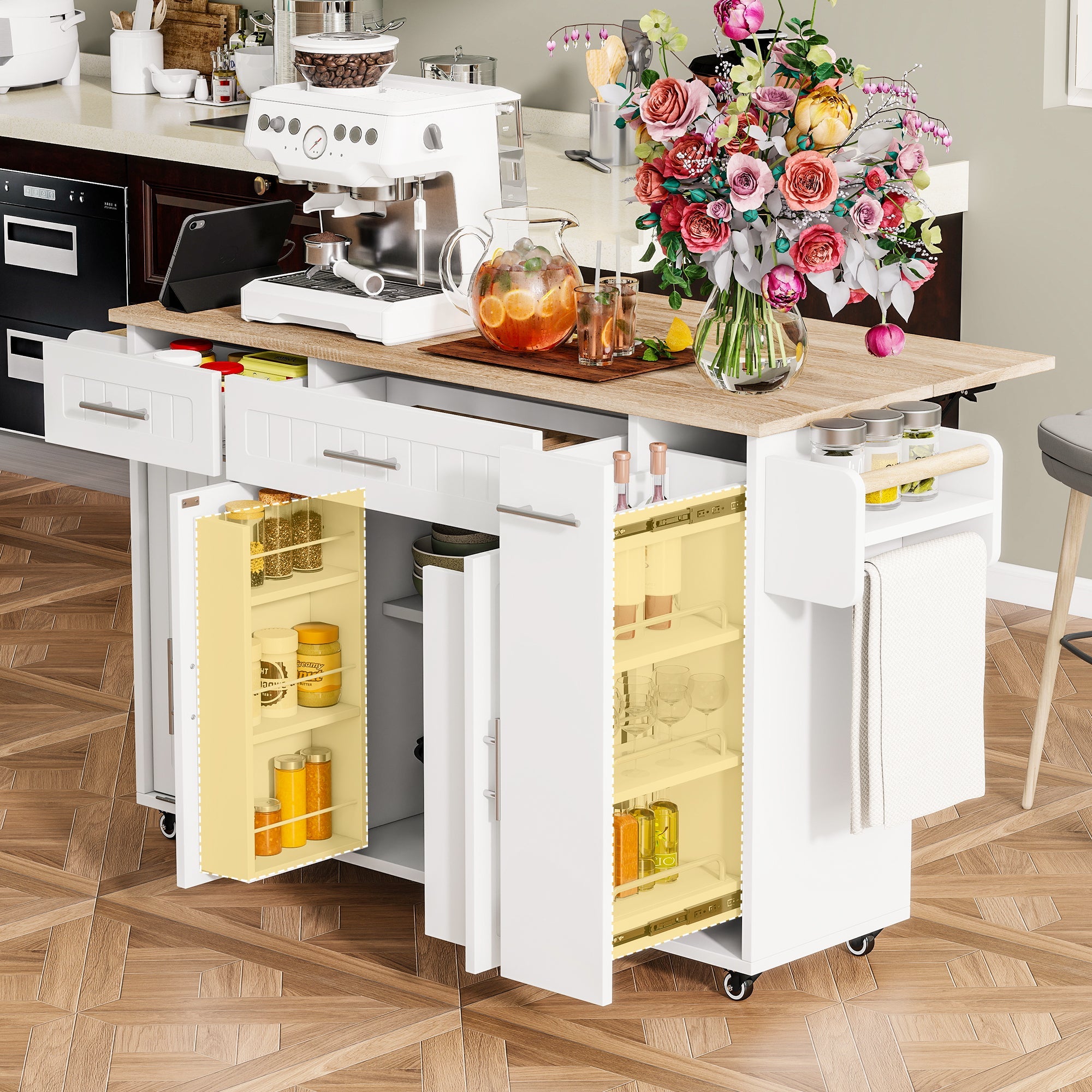 Kitchen Island Trolley with USB Port, Fold-Down Worktop & Storage, White