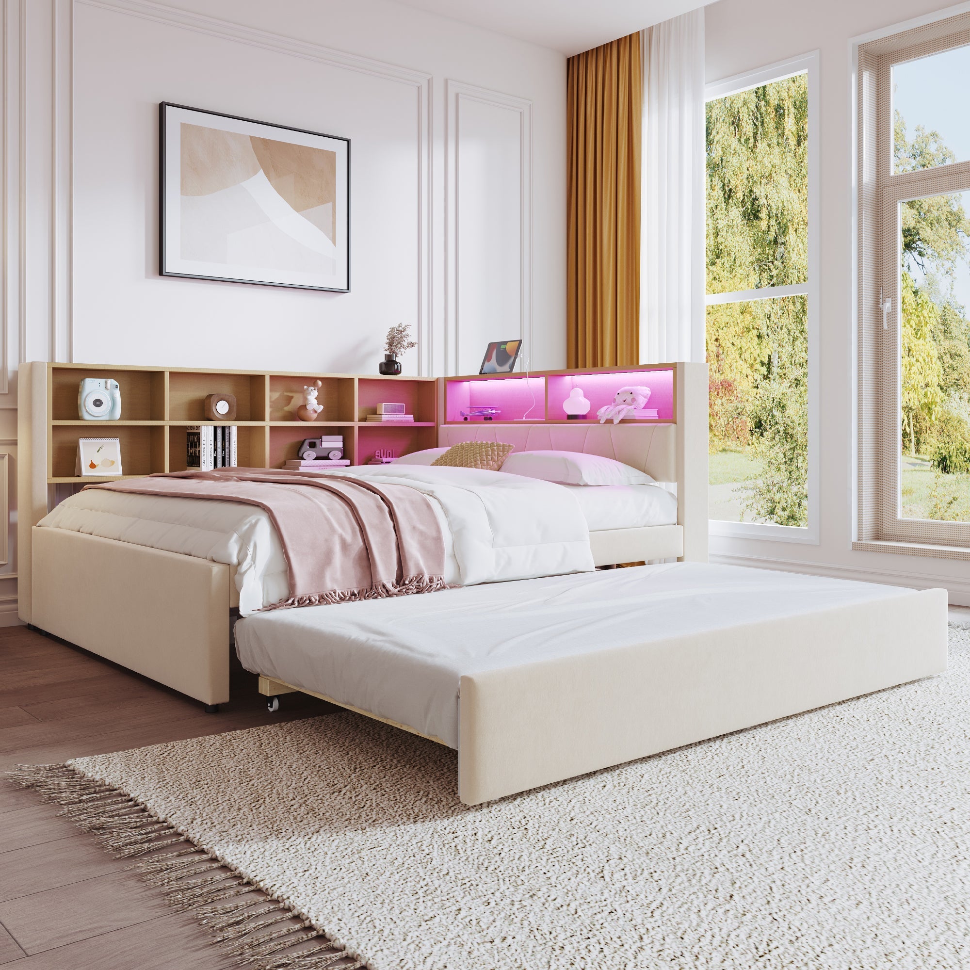 Sofa Bed 140x200, Pull-out 90x190, LED Lights & Storage, Flannel Beige