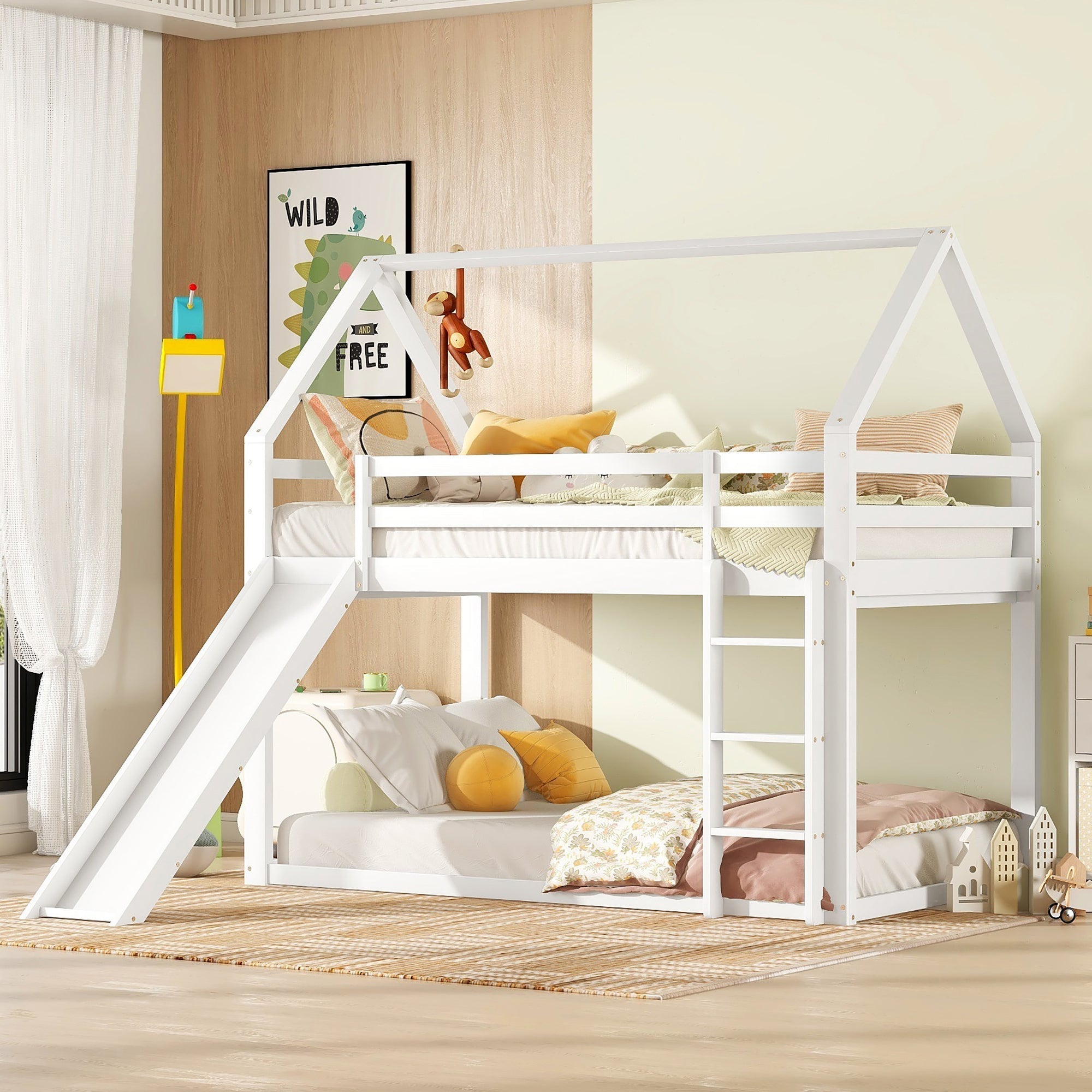 Children's House Bunk Bed 90x200cm with Slide and Ladder - White