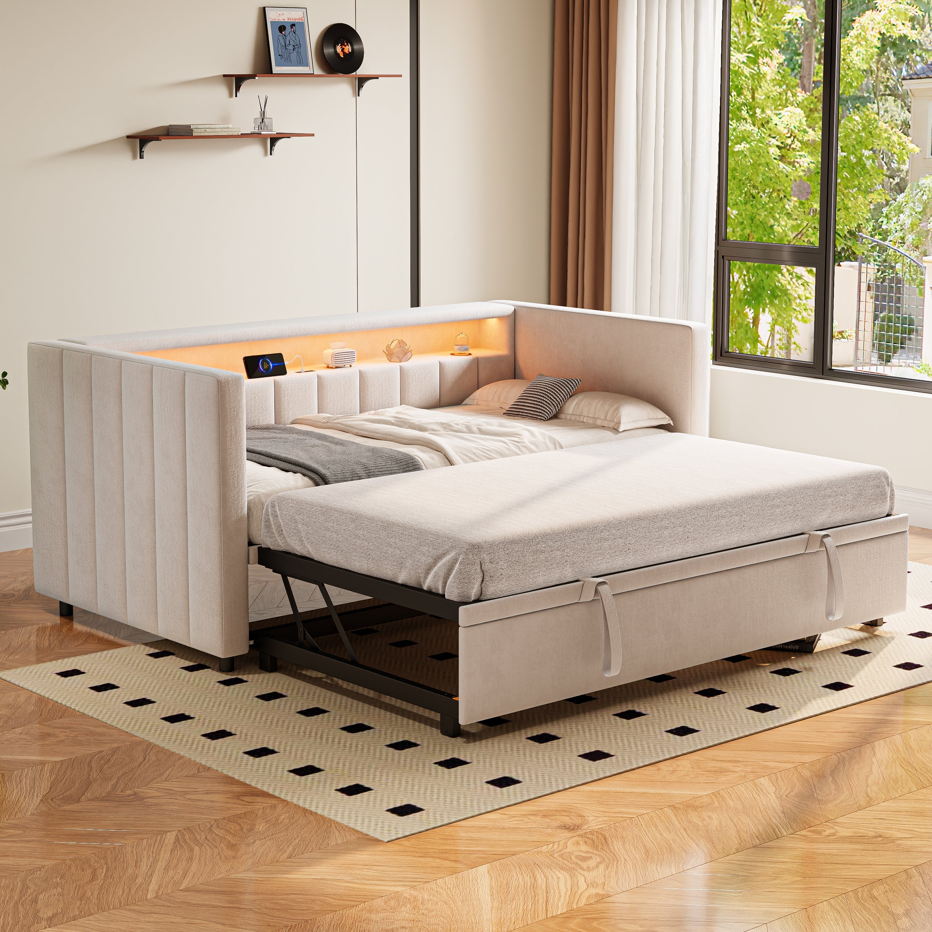 Multifunctional Sleeper Sofa, Pull-Out Bed, USB, LED, & Storage, Velvet Upholstery Beige